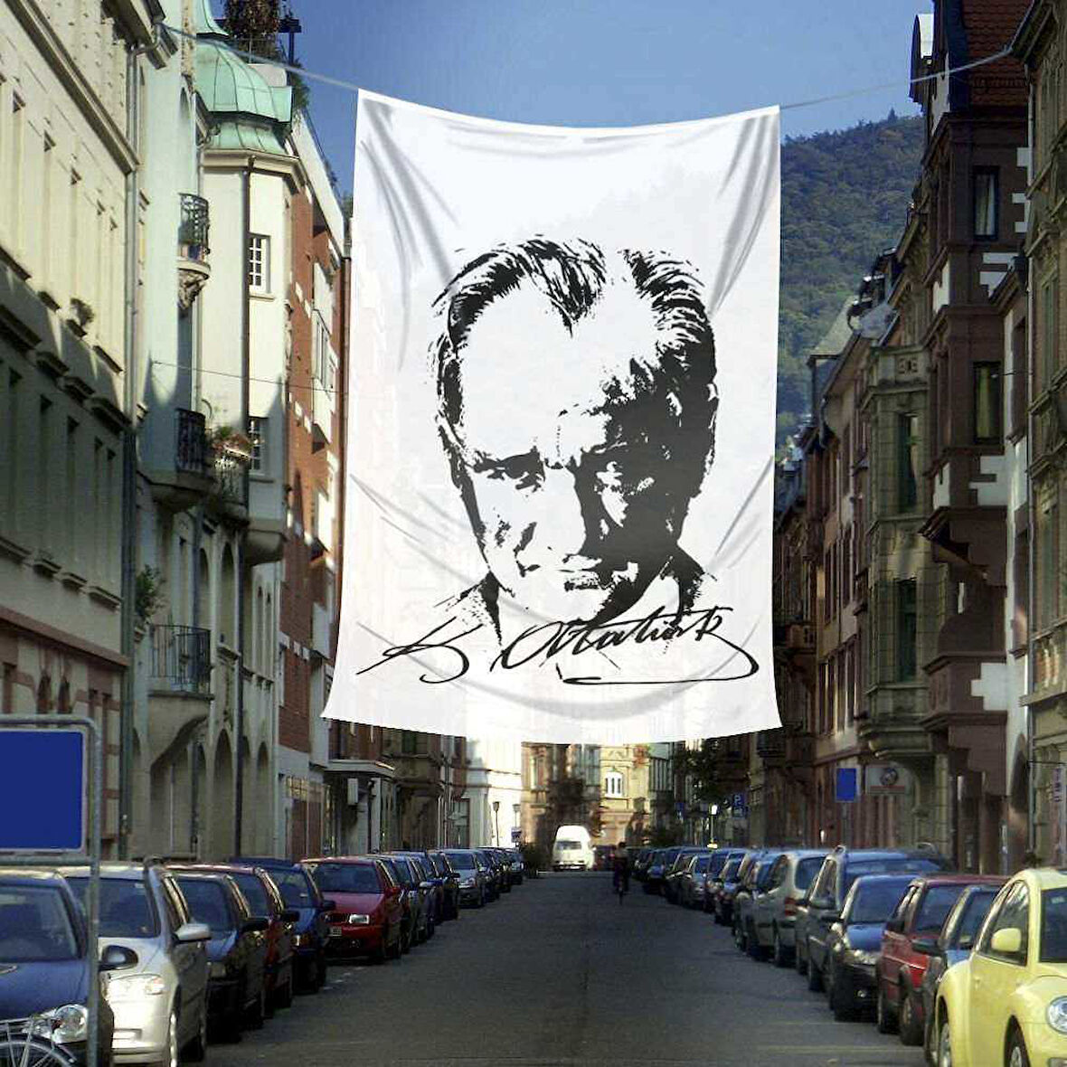 Siyah-beyaz Raşel Mustafa Kemal Atatürk Silüeti Poster Dış Cephe Bayrak -400x600cm -4x6metre