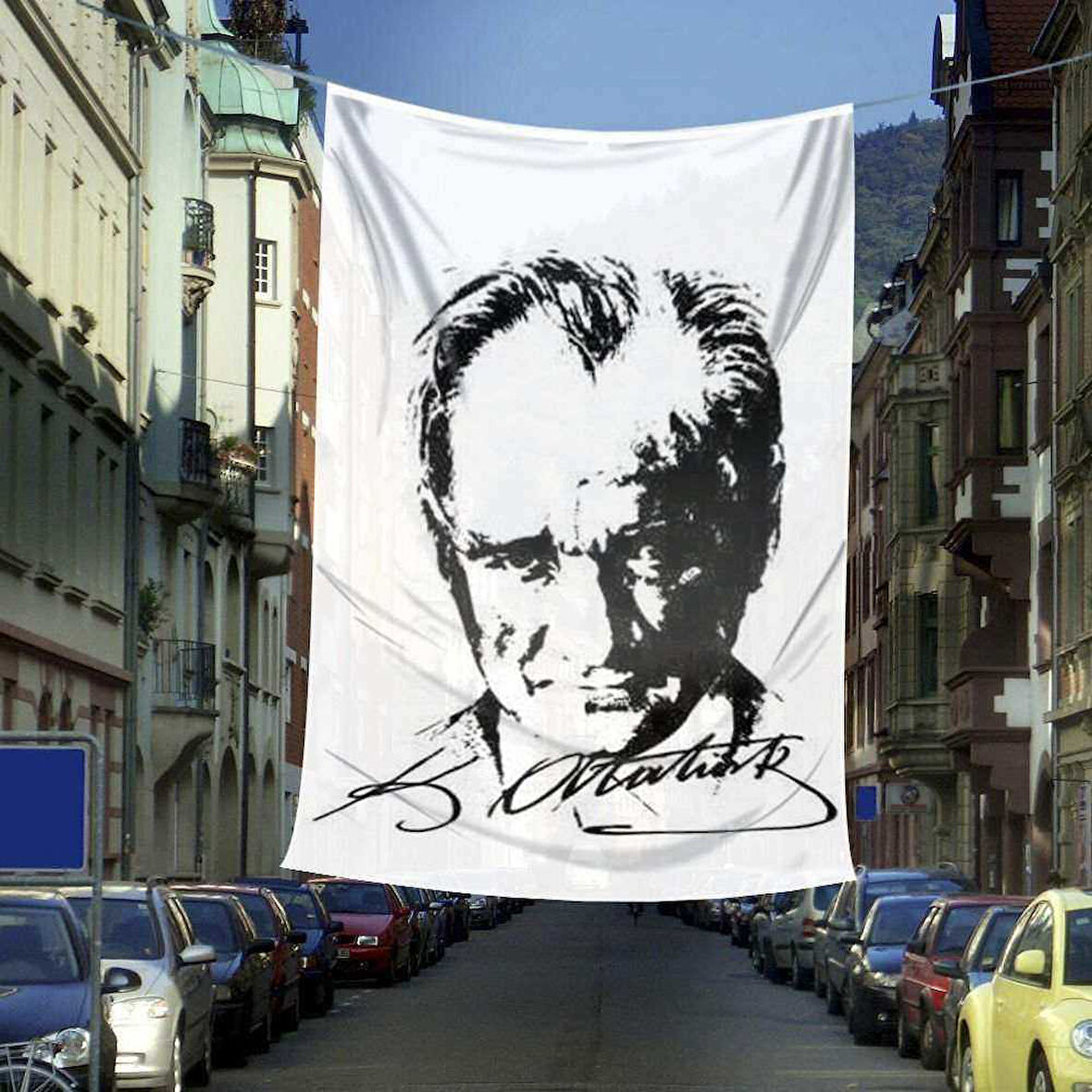Siyah - Beyaz Mustafa Kemal Atatürk Silüeti Ve İmza Dış Cephe Poster Bayrağı - 6x9 Metre