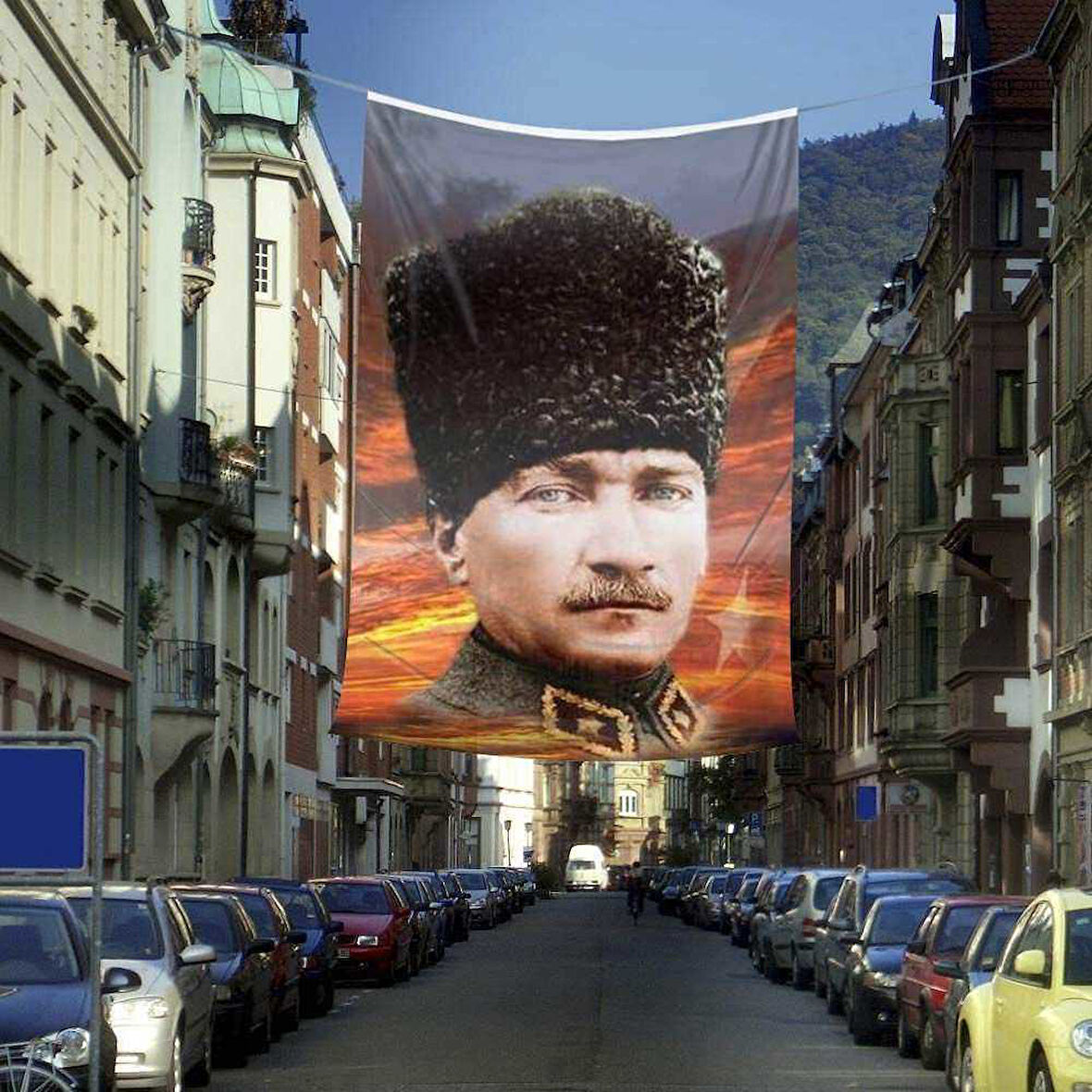 Kalpaklı Mustafa Kemal Atatürk Poster Cephe Bayrağı -400x600cm -4x6 Metre