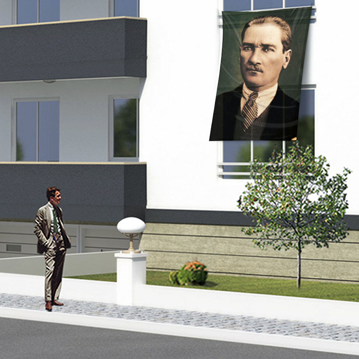 Takım Elbiseli Sivil Mustafa Kemal Atatürk Dış Cephe Poster Bayrağı Ata6