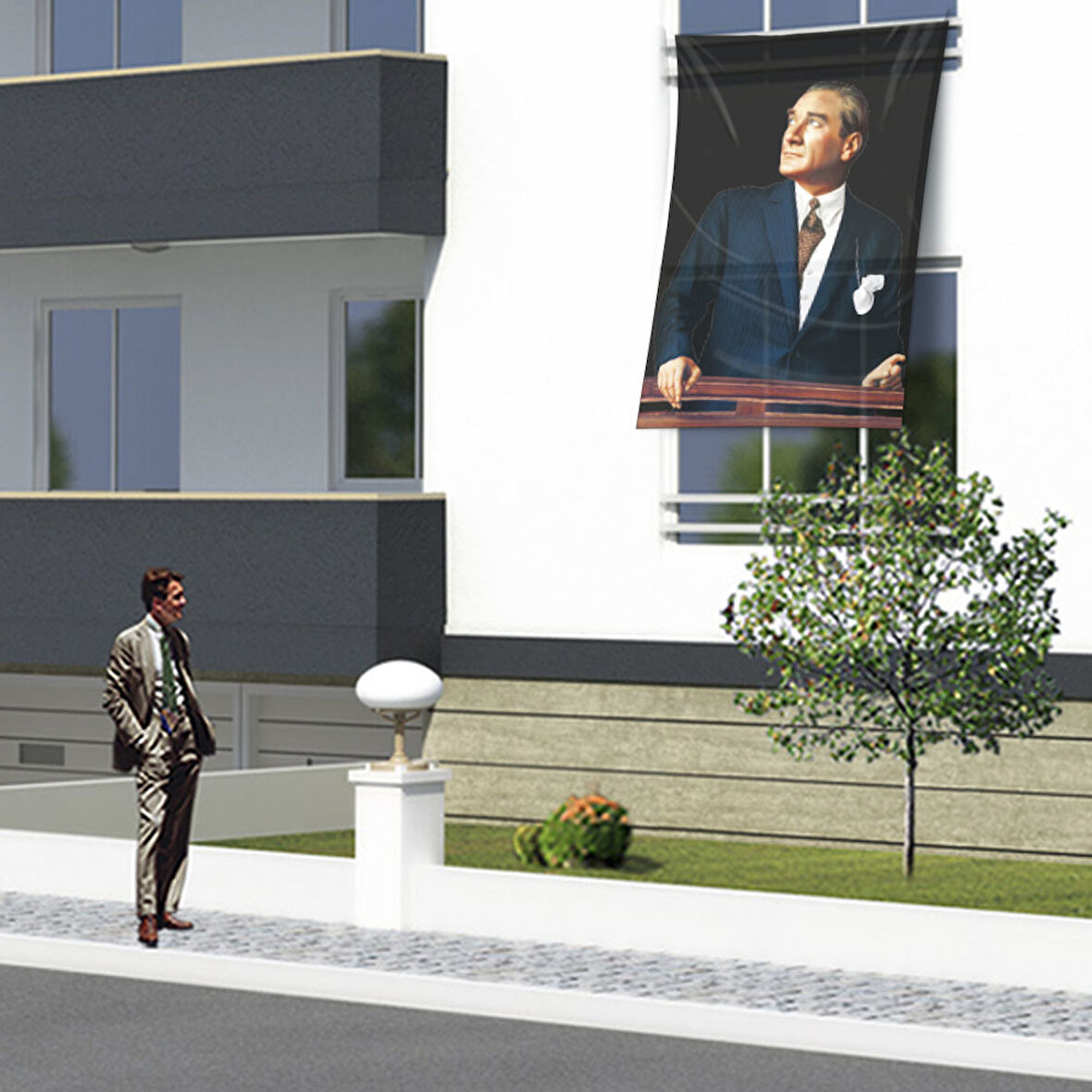 Göğe Bakan Sivil Mustafa Kemal Atatürk Ve Türk Bayrağı Yansıması Dış Cephe Poster Bayrak Ata32