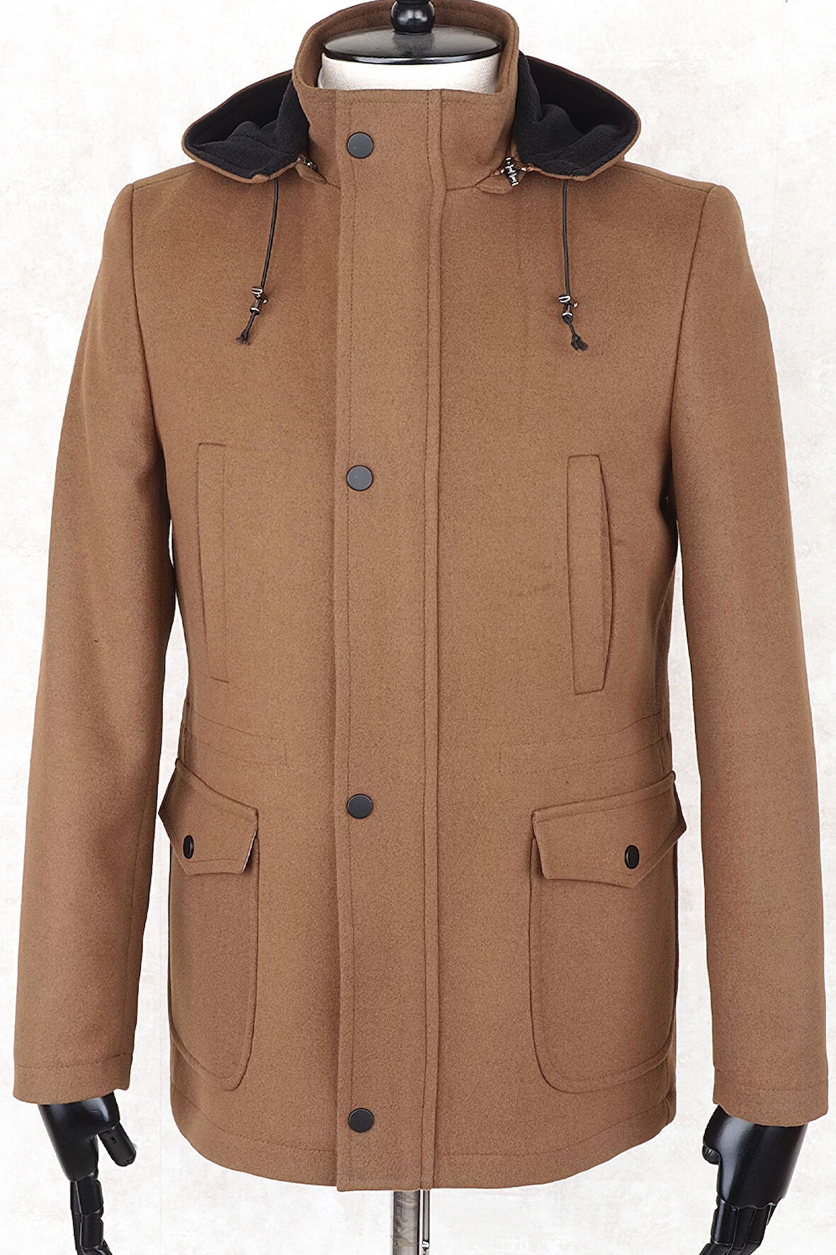 JANCARLUCCİ  Erkek Dizüstü Slimfit Çıkarılabilir  Kapüşonlu Torba Cep Fermuarlı Astarlı  Kaşe Kaban 