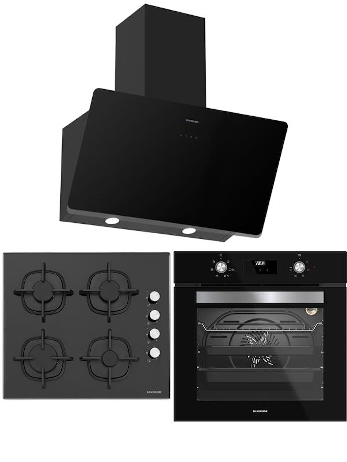 Silverline Siyah Ankastre Set (CS5700C6B01 Ocak/S2-BO6502B02 Fırın/3457 Soho Davlumbaz)