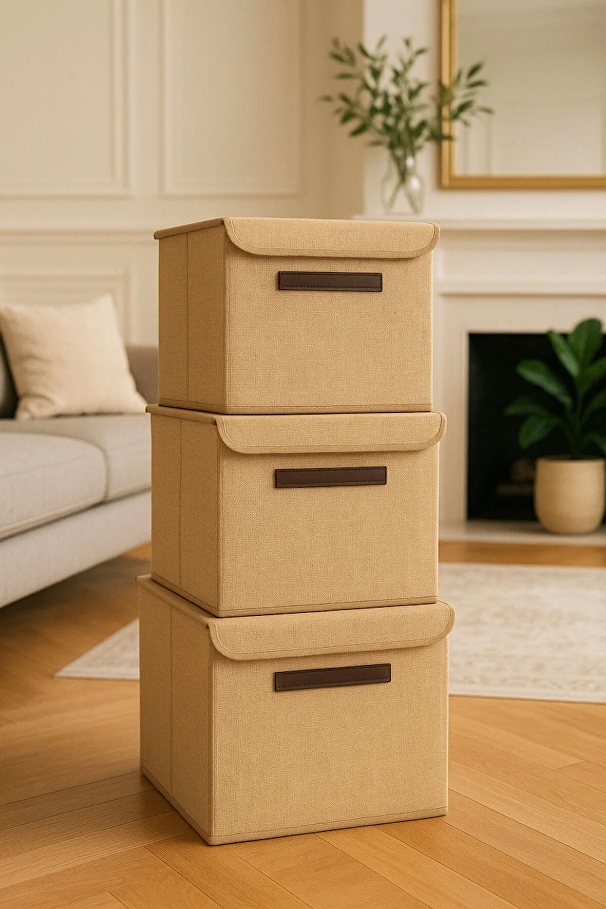 3’lü Katlanabilir Kapaklı Saklama Kutusu – Dolap İçi Düzenleyici Jüt Kutu