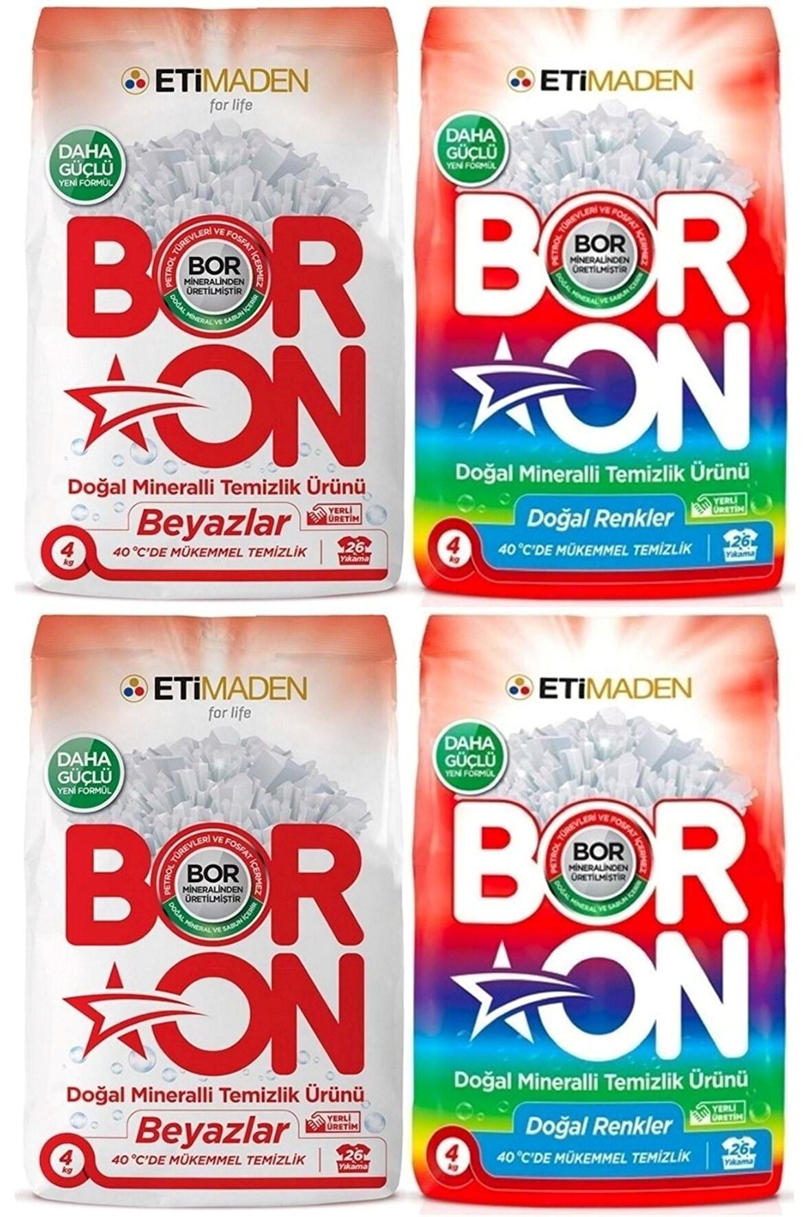 BORON Matik Toz Çamaşır Deterjanı 16kg Karma Set Doğal Mineralli Beyazlar + Renkliler (4pk*4kg)