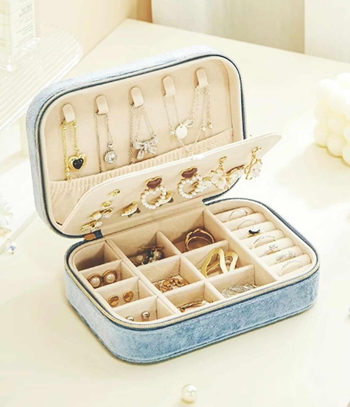 GMN-1 Seyahatleriniz için Kadife Kaplı Fermuarlı Mücevher Kutusu, Taşınabilir Takı Düzenleyicisi , Organizeri