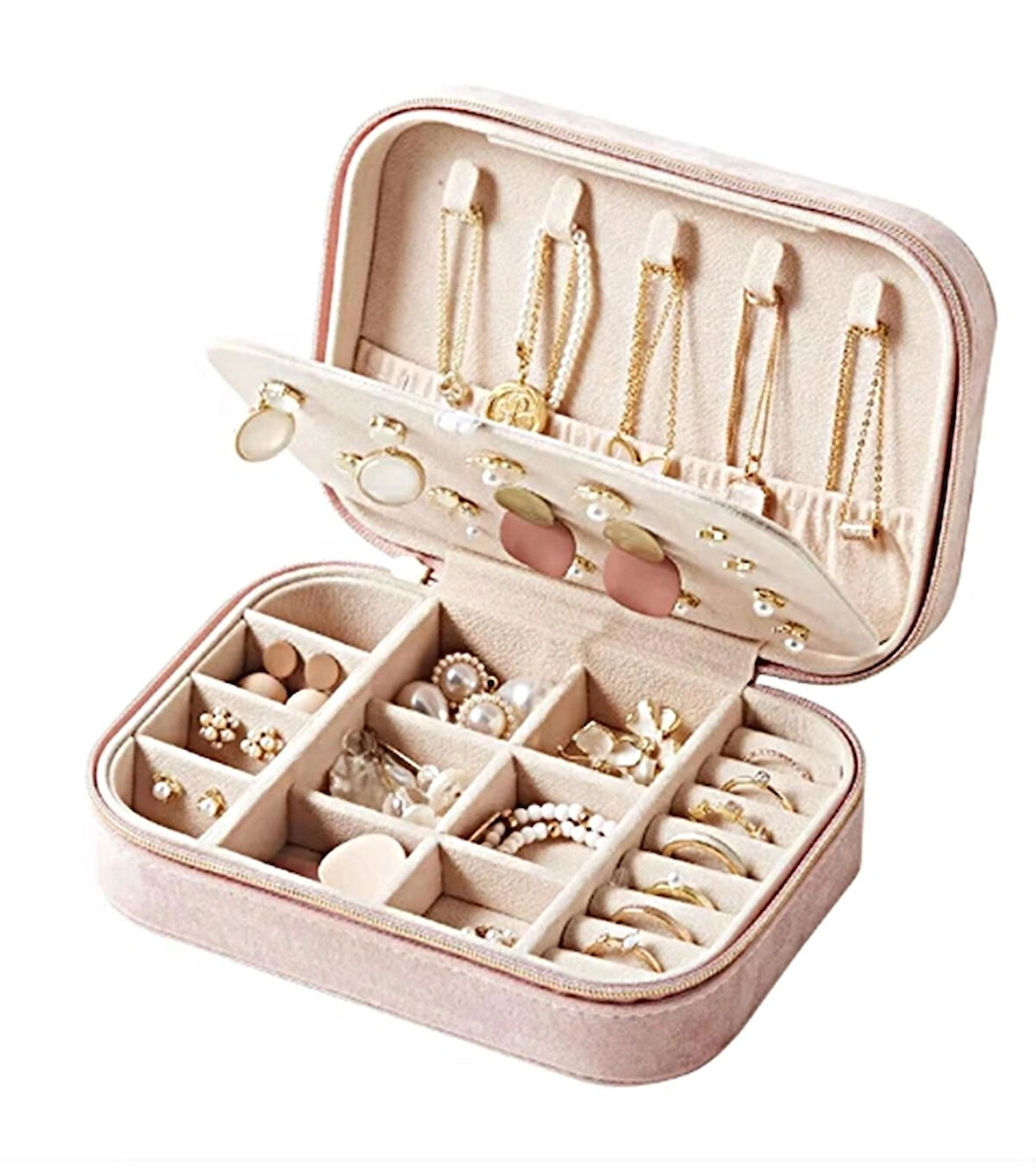 GMN-1 Seyahatleriniz için Kadife Kaplı Fermuarlı Mücevher Kutusu, Taşınabilir Takı Düzenleyicisi , Organizeri