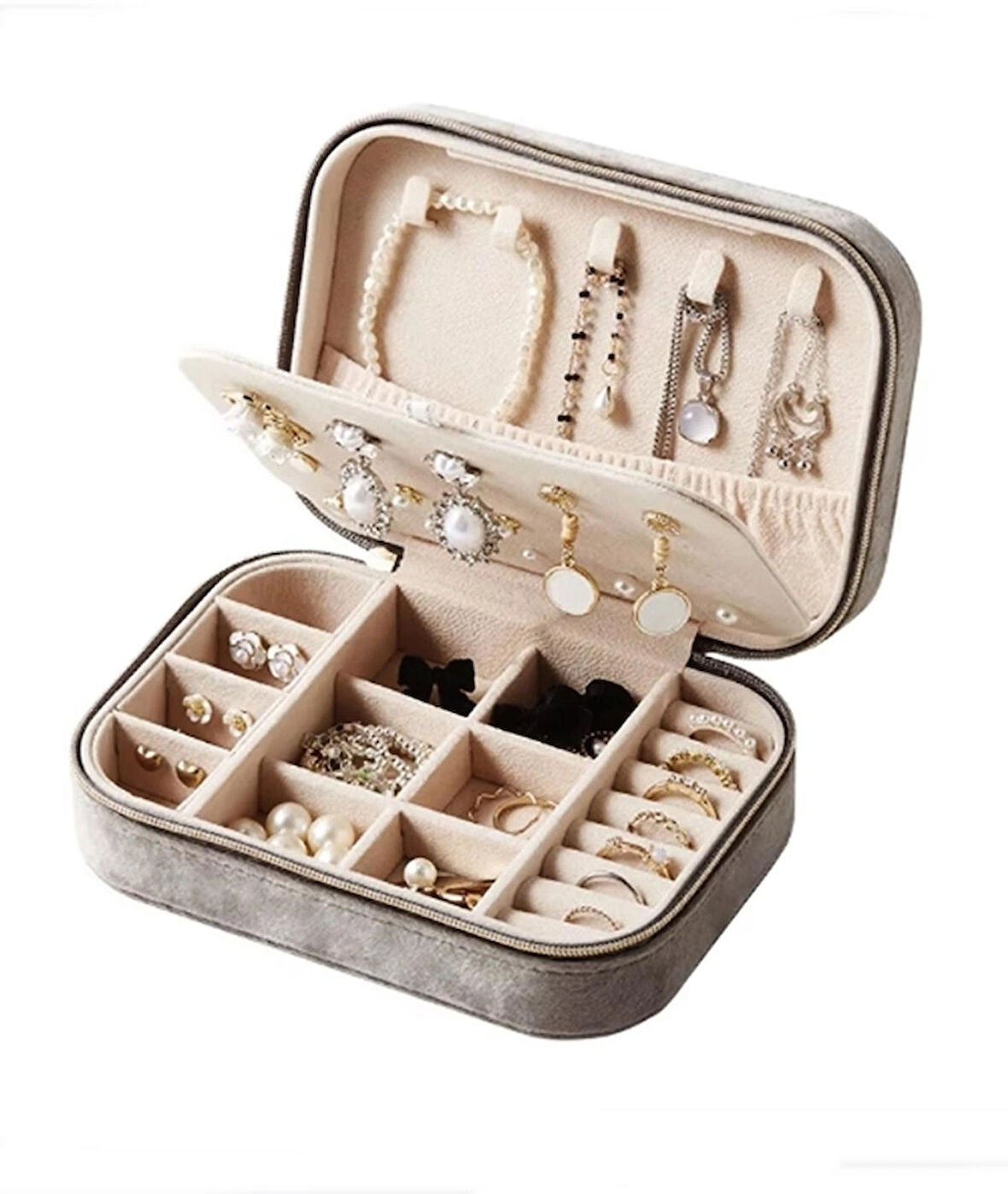 GMN-1 Seyahatleriniz için Kadife Kaplı Fermuarlı Mücevher Kutusu, Taşınabilir Takı Düzenleyicisi , Organizeri