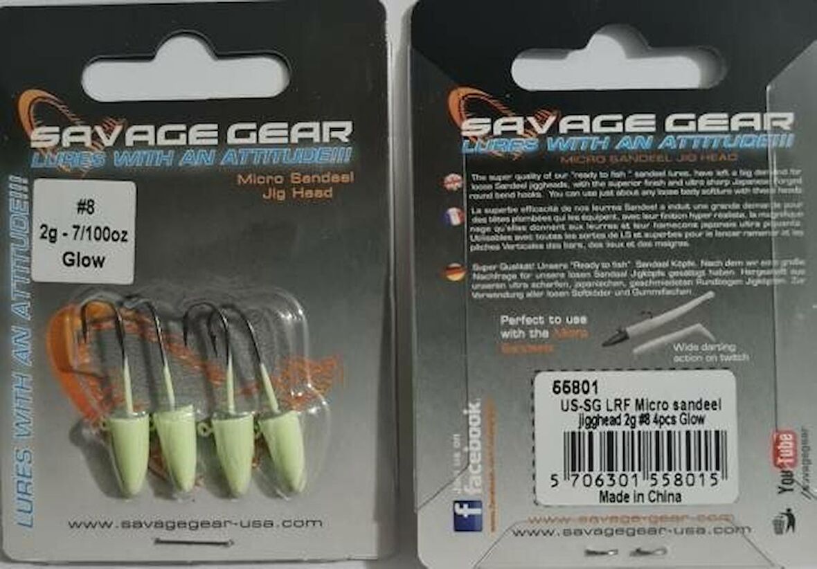 Savage gear LRF Micro sandeel jigghead 2g #8 4pcs Glow  Suni Yem