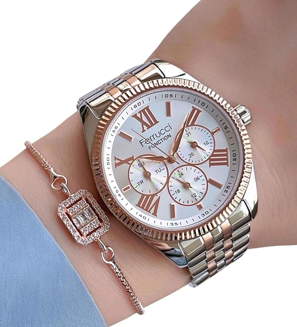 Ferrucci Rose&Gümüş Renk Spor Şık Çelik Kadın Kol Saat+Bileklik