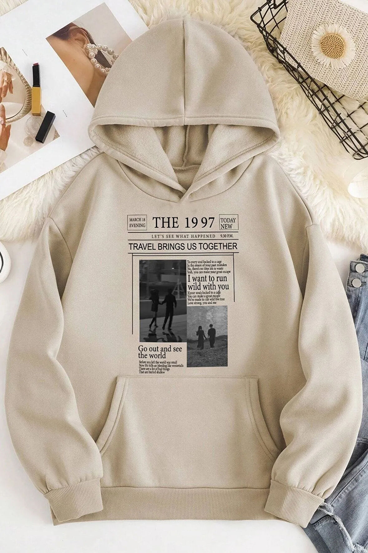 Unisex Bej The 1997 Baskılı Oversize Kapüşonlu Sweatshirt