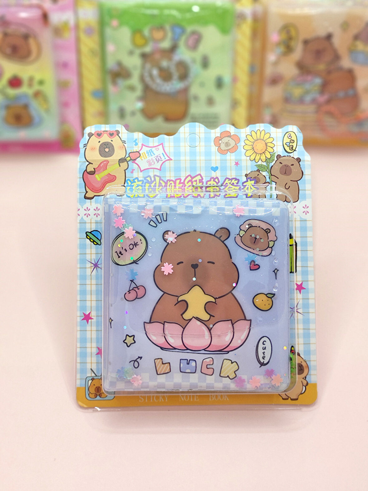 Capybara Sulu Pullu Anahtarlıklı Stickerlı Kapibara Not Defteri (7,5x7,5 cm) - Luck