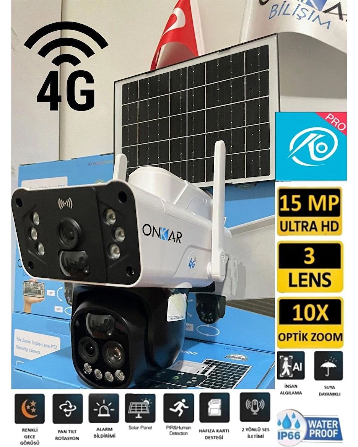 Okam Pro 3950 Solar Güneş Enerjili 4G Sim Kartlı 15MP 3 Lens 10X Optik Zoom Güvenlik Kamerası