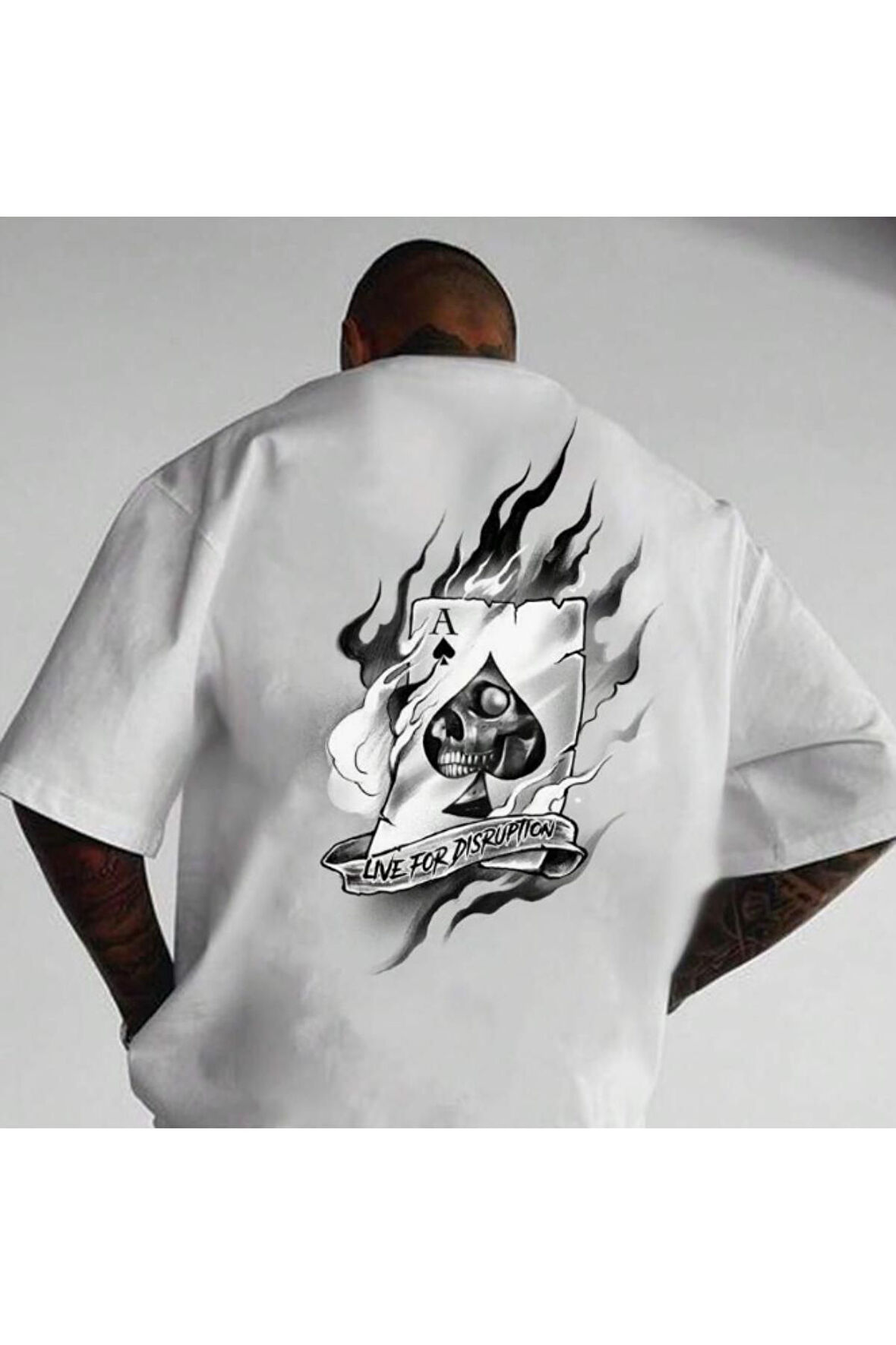 Erkek Beyaz Maça Kızı Baskılı Oversize T-shirt