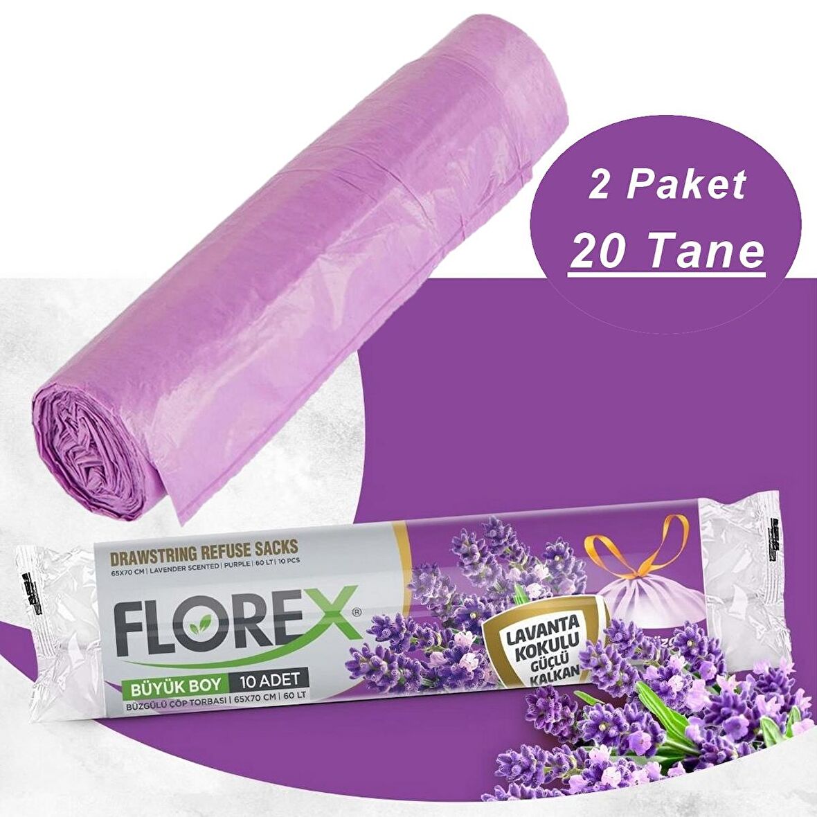 Florex 40 Litre Büzgülü Lavanta Kokulu Çöp Torbası Poşeti  55 x 60 cm  10 Adetlik 2 Rulo