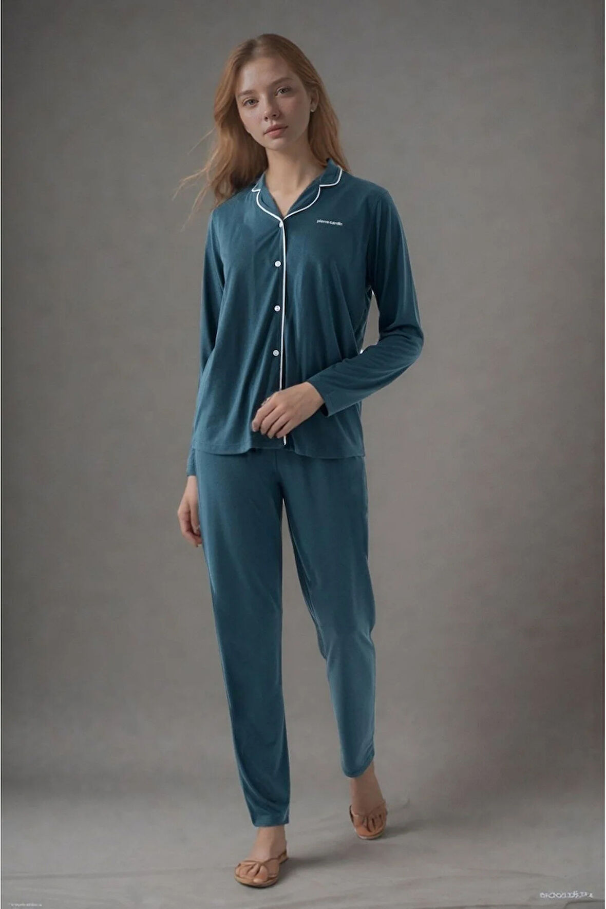 Kadın Petrol Pamuklu Modal Boydan Patlı Kutulu Pijama Takımı Q9P4K3I6KER