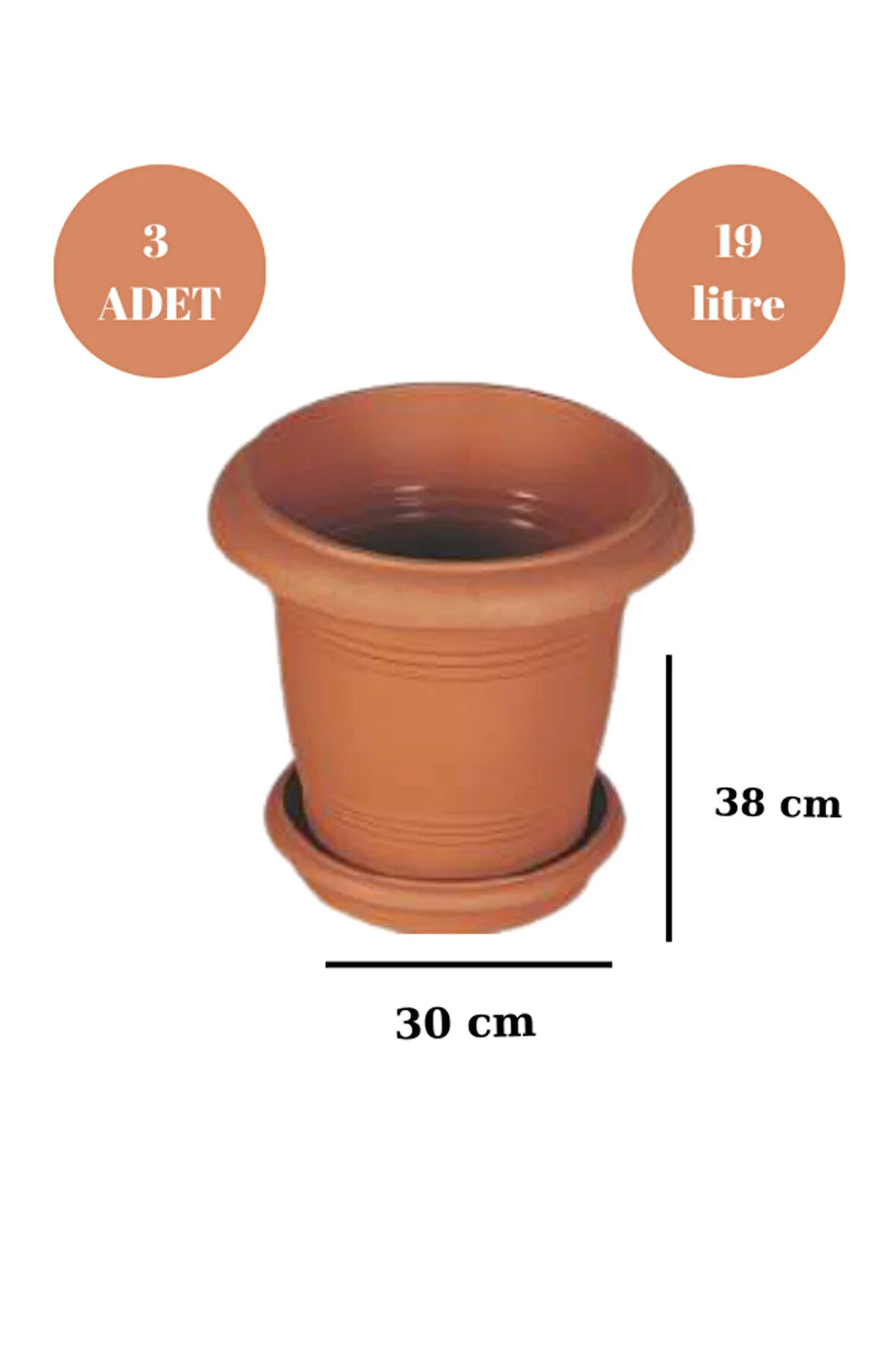 Balkon Saksı Bahçe Saksısı Orta Boy Yuvarlak Saksı ve Altlığı 19 Litre 3 Adet 38x30