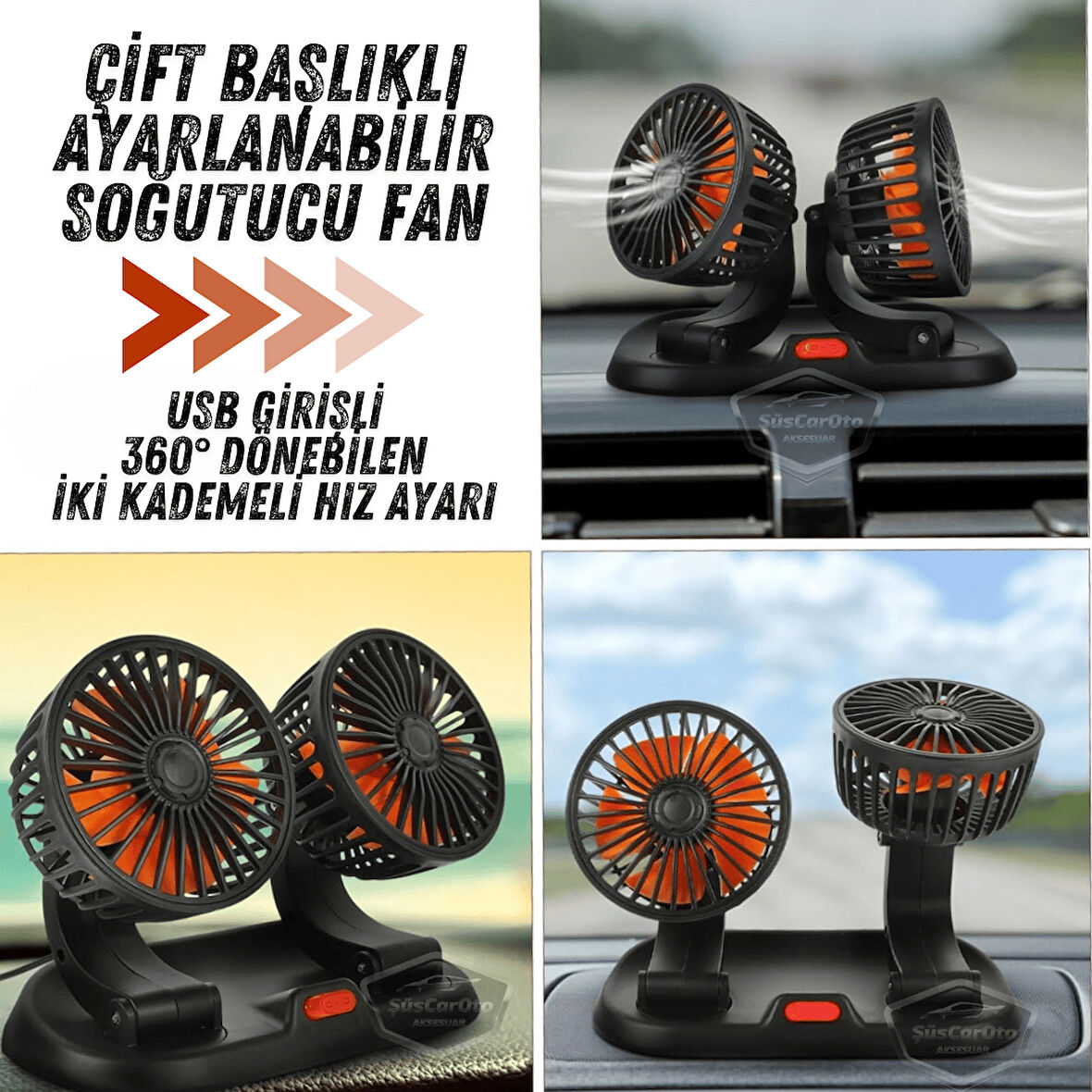 Üniversal Oto Ofis Araç İçi Torpido Üstü Vantilatör Çift Başlıklı USB Girişli 2 Kademeli Soğutucu Fan 360° Dönebilen Ultra Sessiz Oynar Başlıklı Araç Fanı