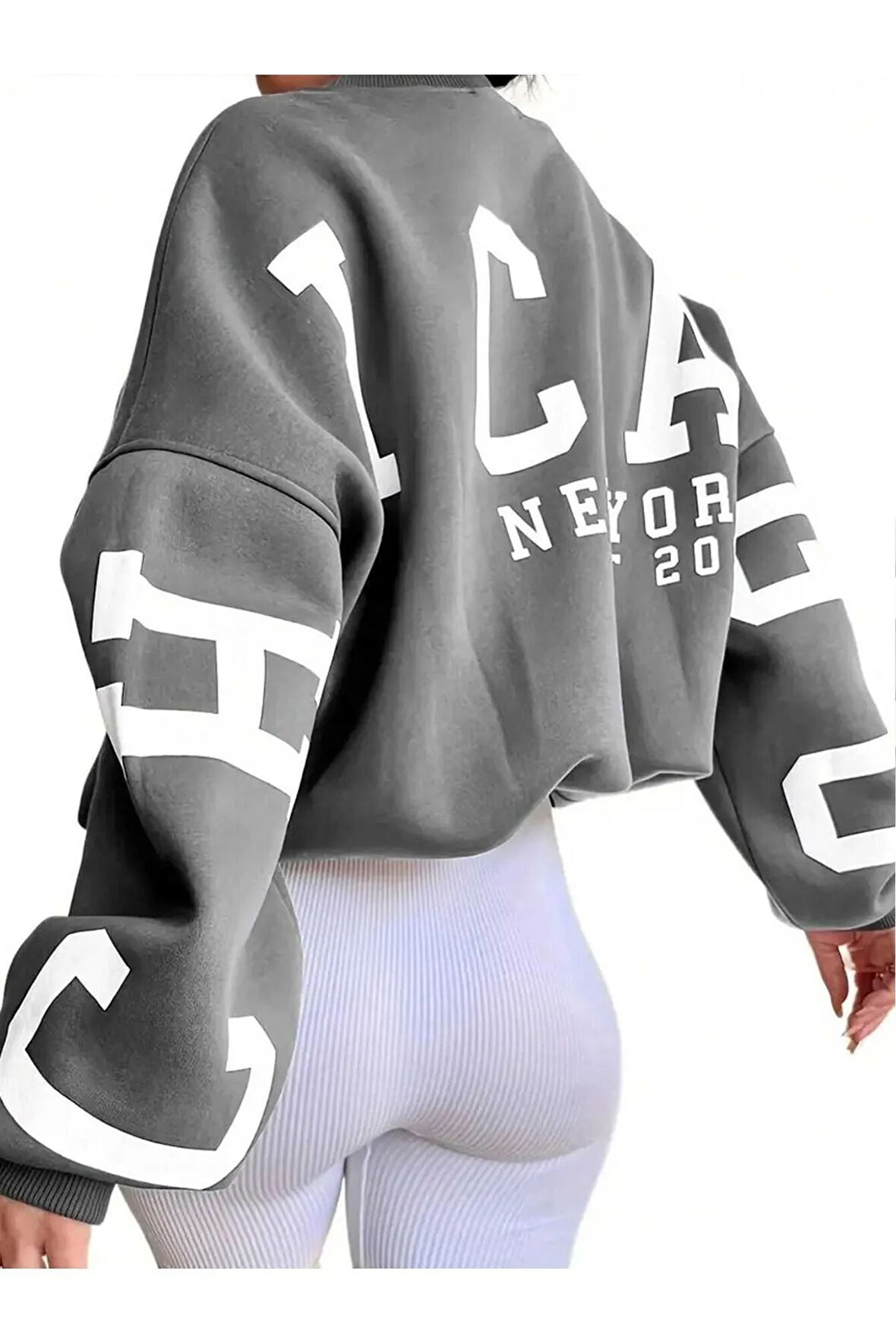 Kadın Füme Kolları Chicago Baskılı Oversize Bisiklet Yaka Sweatshirt