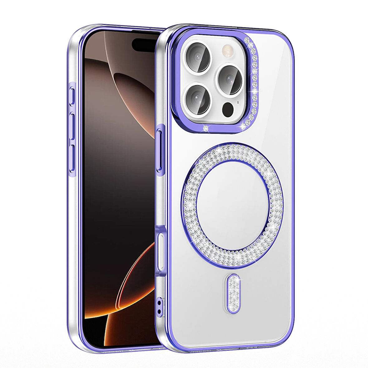 iPhone 16 Pro Kılıf Pırlanta Taş Tasarımlı M-safe Şarj Özellikli Karetta Silikon Kapak