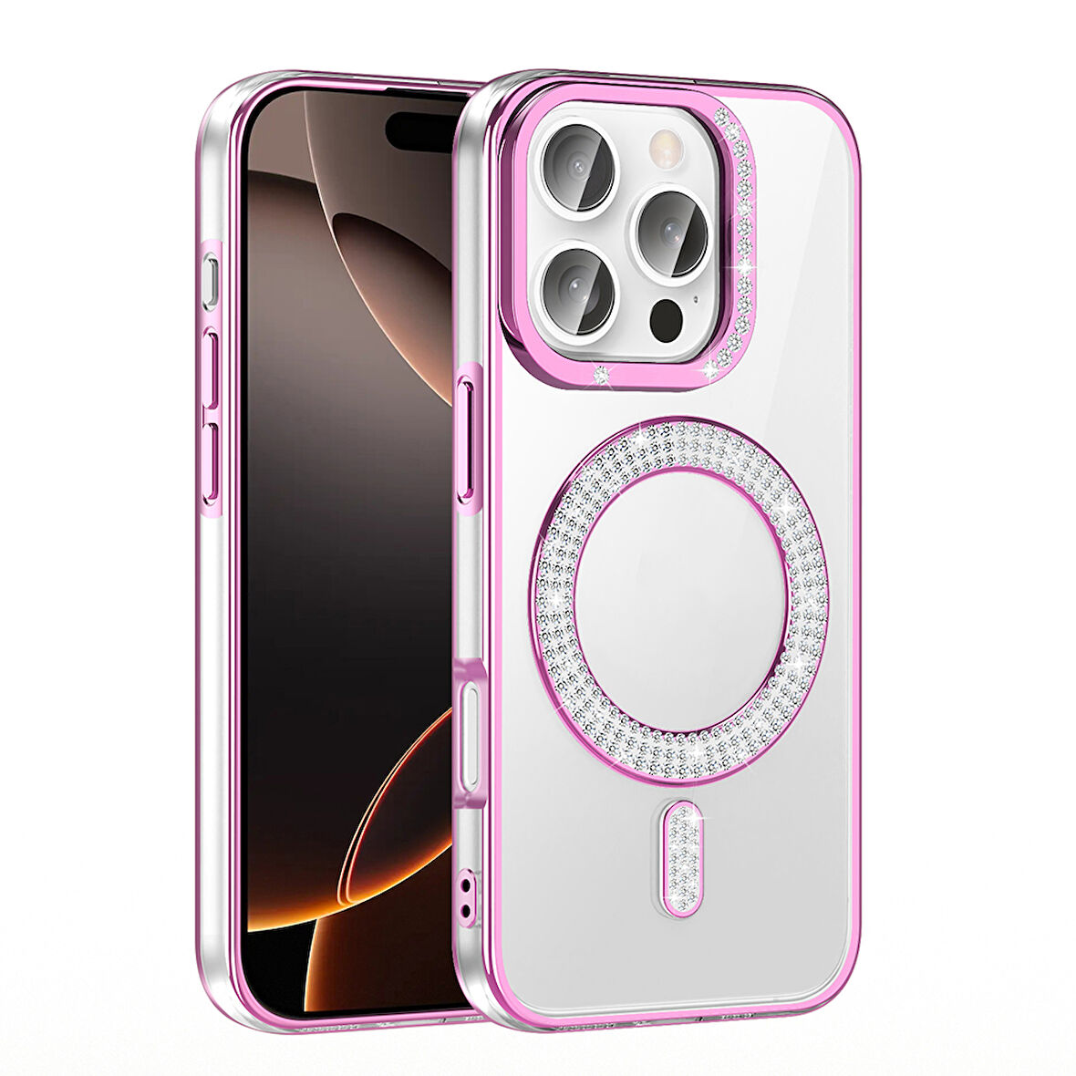 iPhone 16 Pro Kılıf Pırlanta Taş Tasarımlı M-safe Şarj Özellikli Karetta Silikon Kapak