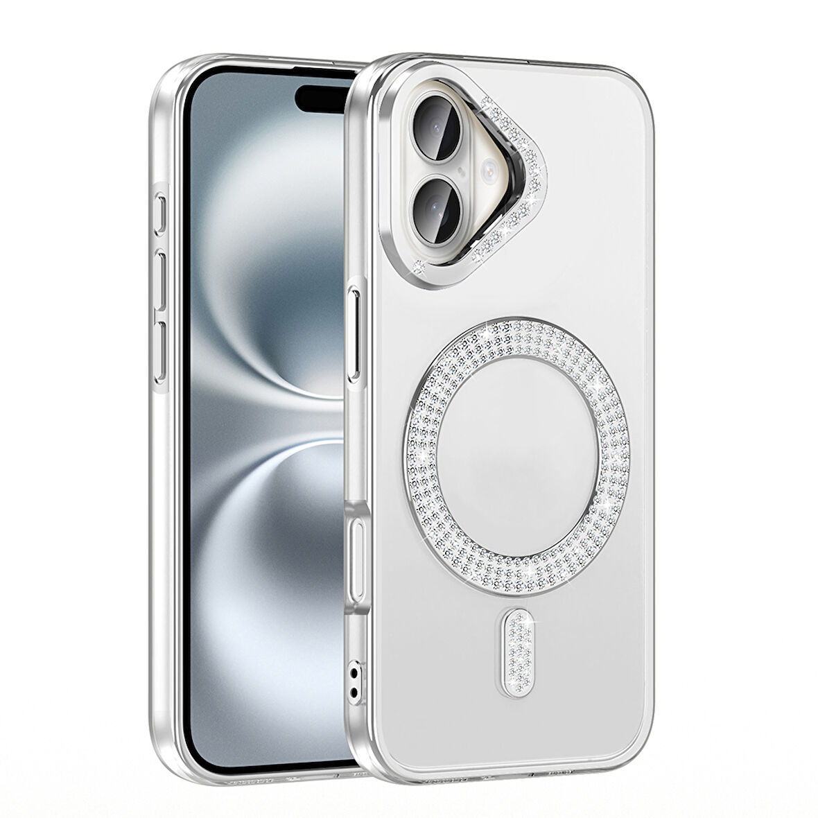 iPhone 16 Plus Kılıf Pırlanta Taş Tasarımlı M-safe Şarj Özellikli Karetta Silikon Kapak