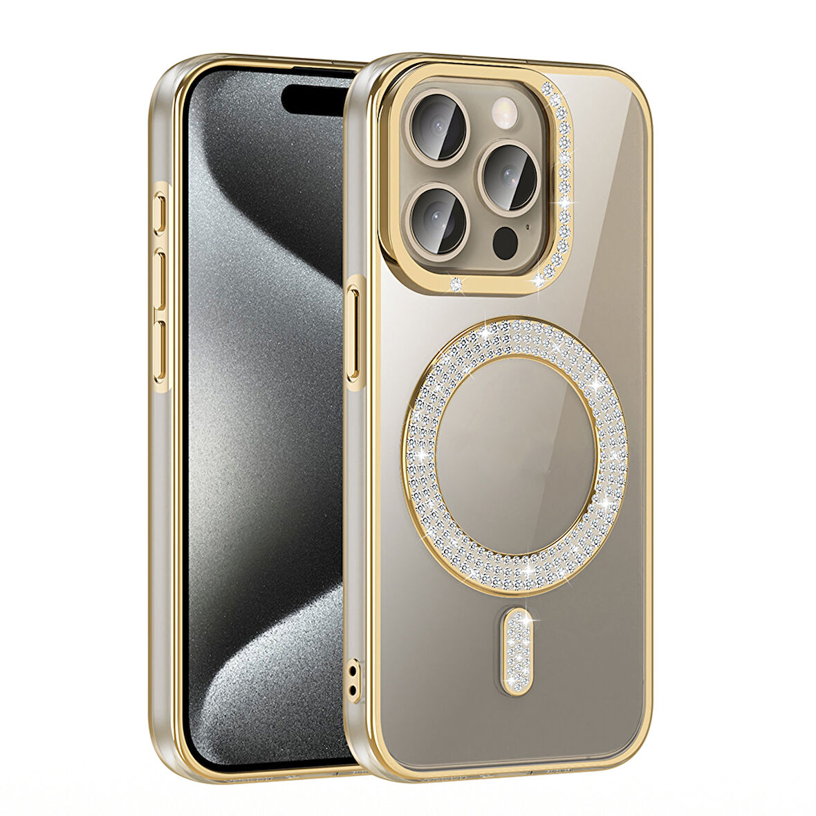 iPhone 15 Pro Max Kılıf Pırlanta Taş Tasarımlı M-safe Şarj Özellikli Karetta Silikon Kapak