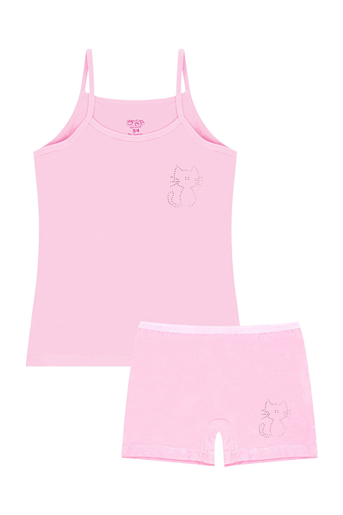 Öts Kız Çocuk Atlet Boxer Likralı Taş Baskılı Pembe Kedi (%96 Pamuk - %4 Elastan)