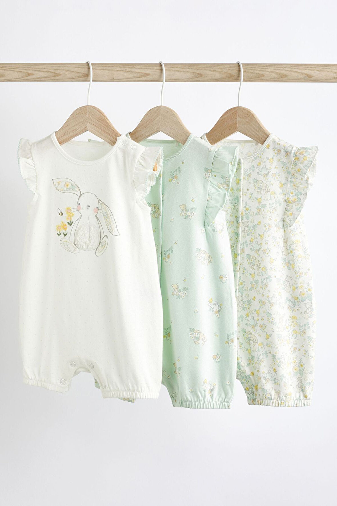 Next Baby % 100 Pamuklu Yeşil Beyaz Tavşan Desenli 3’lü Romper Set