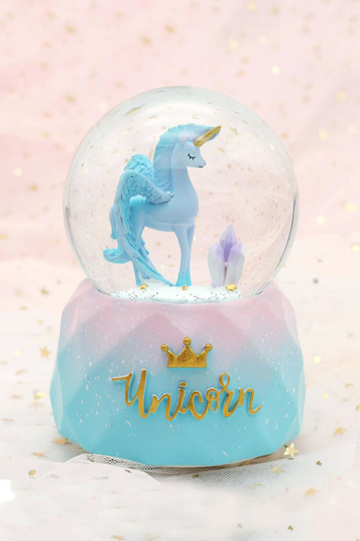 Unicorn Müzikli Püskürtmeli Kar Küresi Mavi Büyük Boy