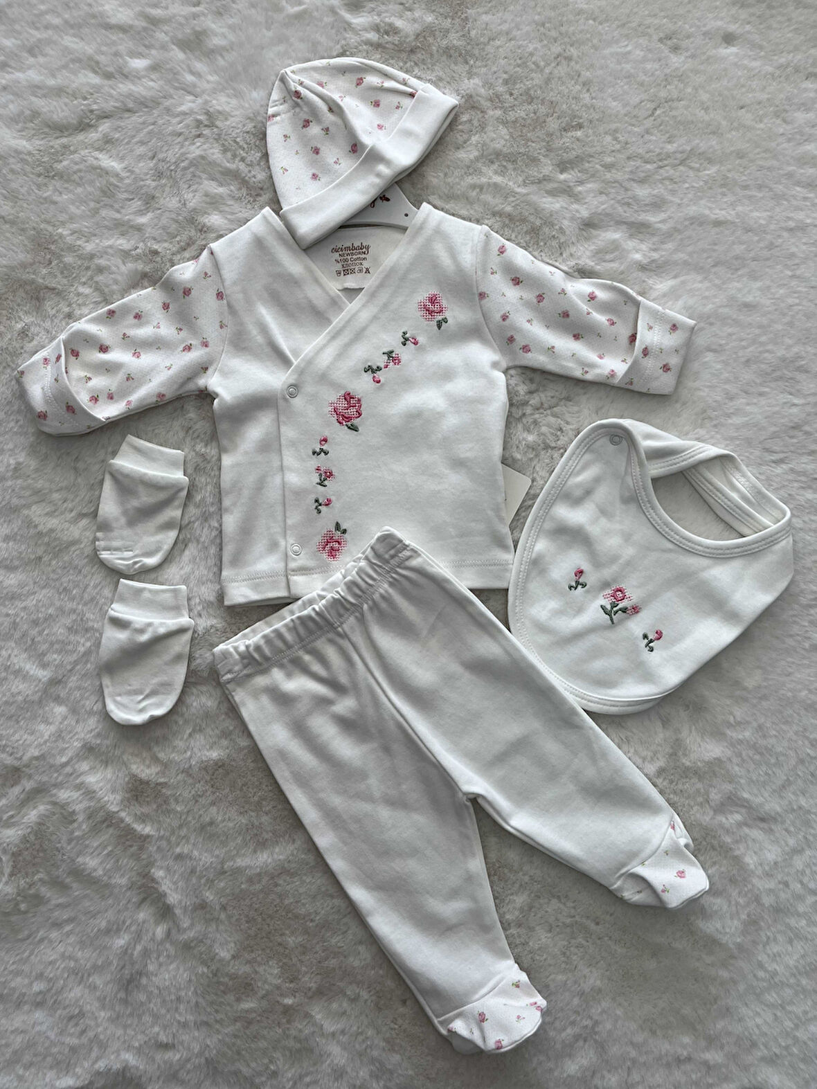 U4433 Kanaviçe Desen 5'Li Zıbın Set-Ekru