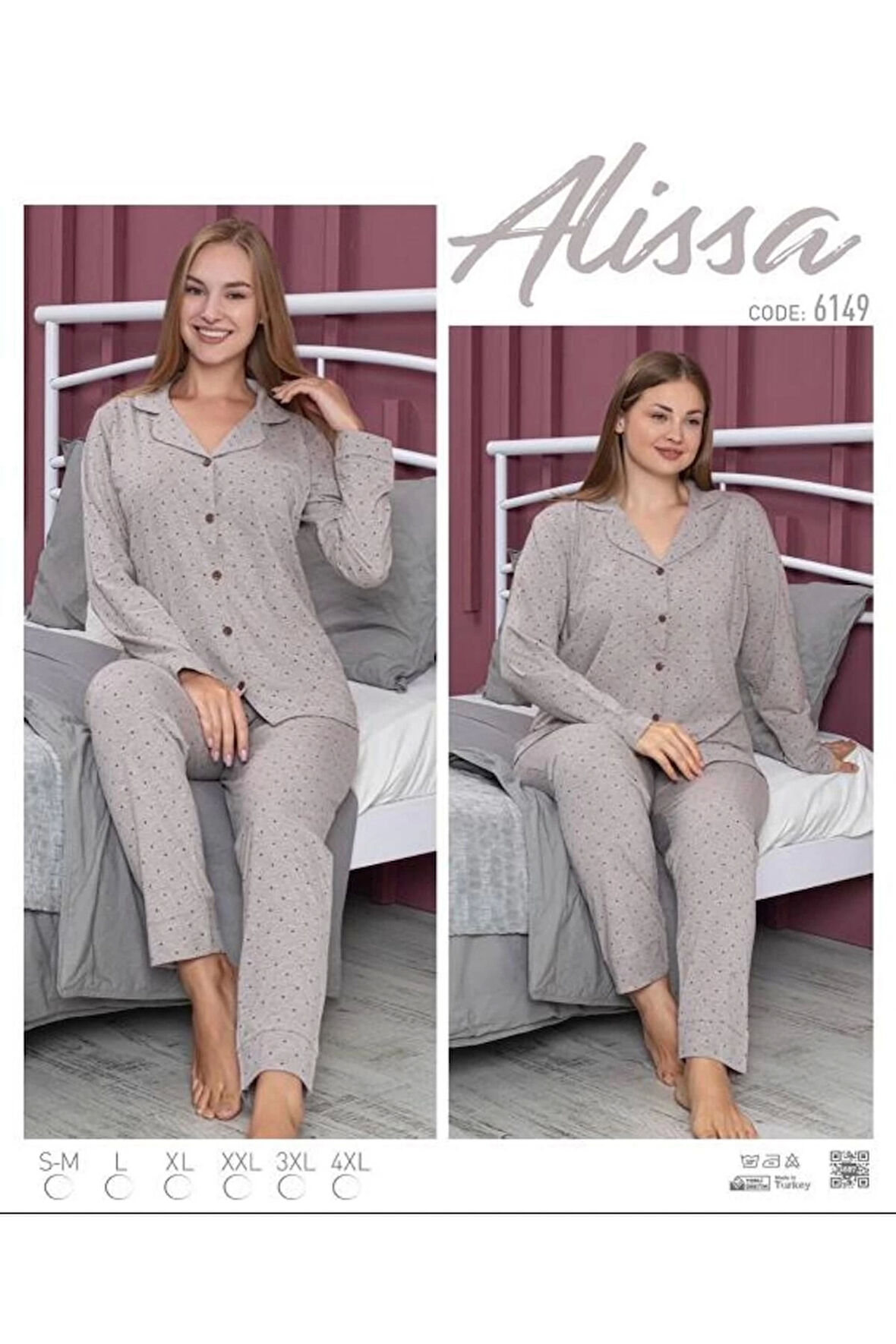 Alissa 6149 Bayan Önü Düğmeli Puantiye Desenli Pijama Takımı