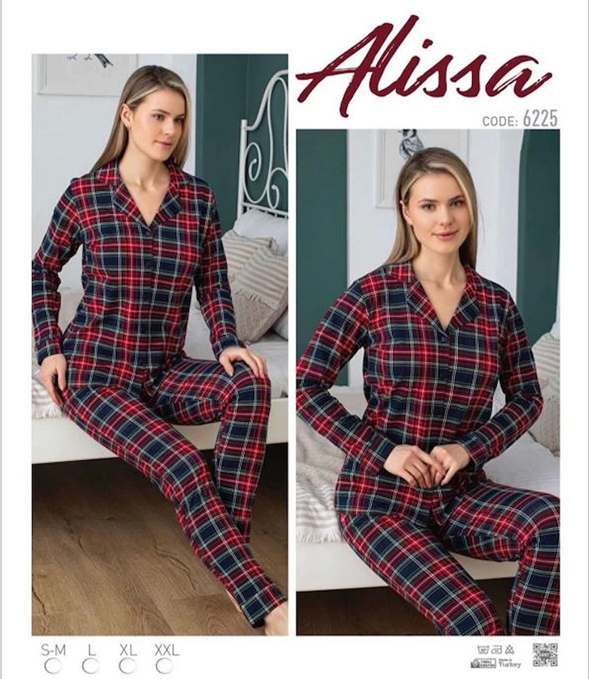 Alissa 6225  Bayan Önü Düğmeli Ekose Desenli Pijama Takımı