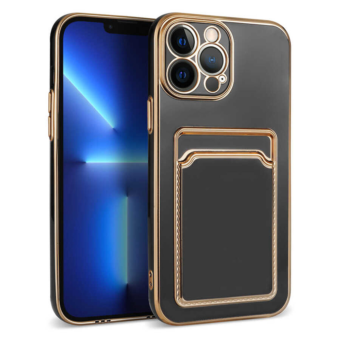 iPhone 12 Pro Max Kılıf Kartlıklı Kamera Korumalı Altın Kenar Tasarım Silikon