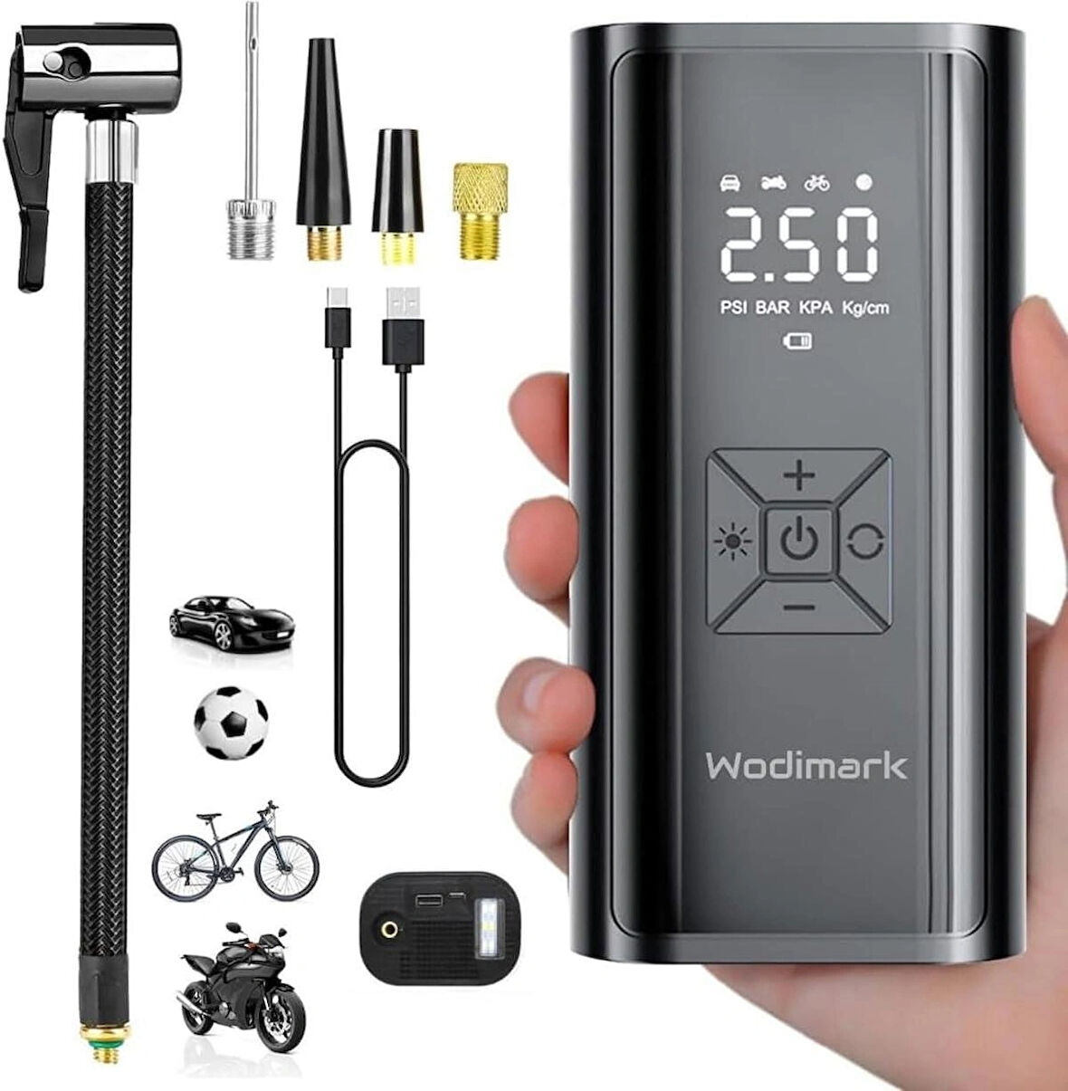 Wodimark EG-216 Air Araç Lastik Şişirme Pompası – Otomatik Durdurma, LED Ekran