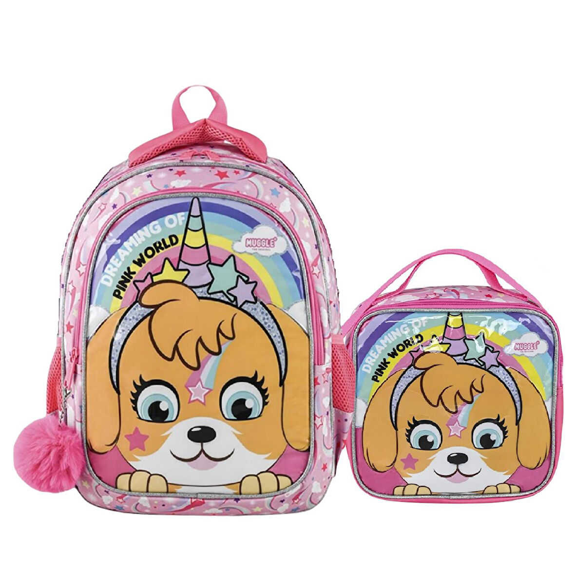 Muggle 2 Bölmeli Pink World Okul  Çantası + Termoslu Beslenme Çantası