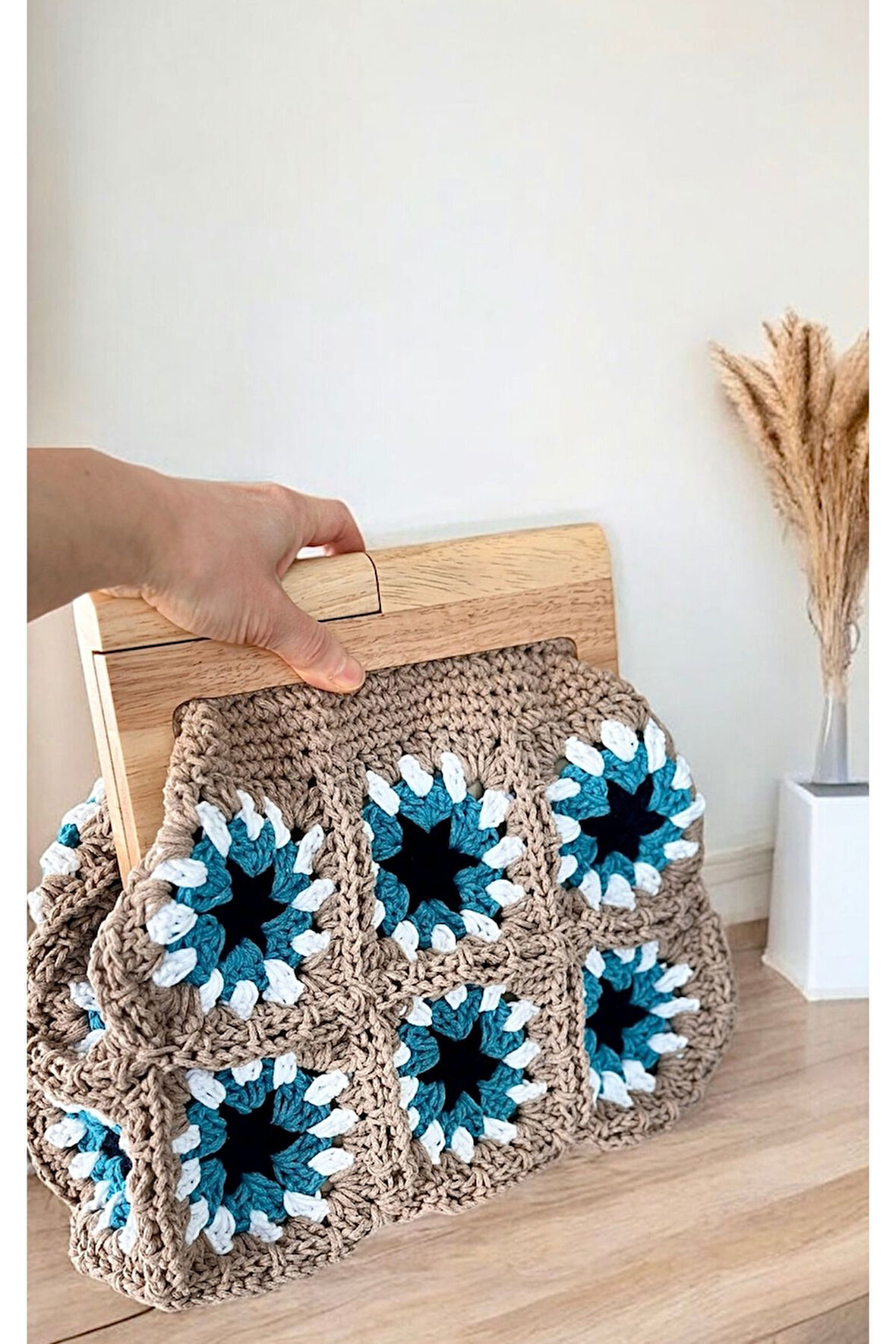 El yapımı Ahşap burslu örgü motifli clutch çanta Bej / Standart