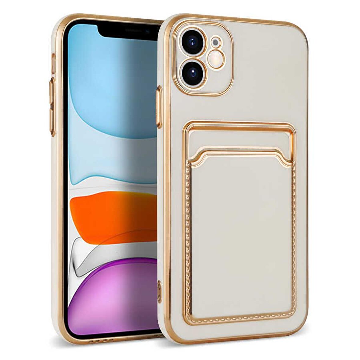 iPhone 11 Kılıf Kamera Korumalı Kartlıklı Altın Kenar Tasarım Silikon