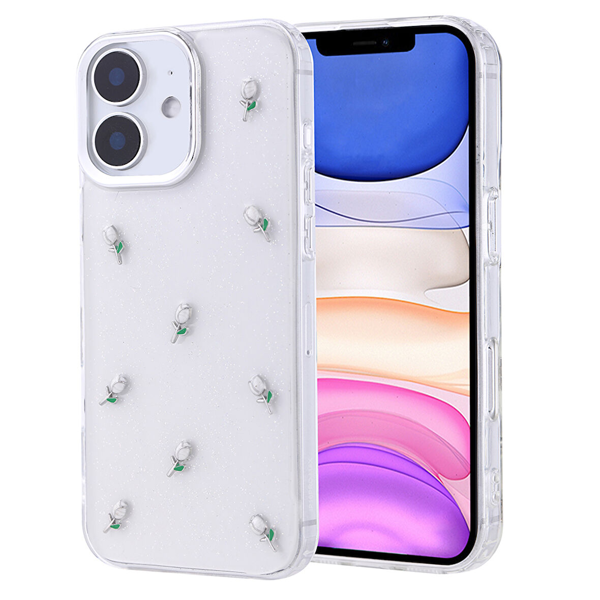 iPhone 11 Kılıf Airbag Tasarımlı Simli Şeffaf Kutup Kapak Lale