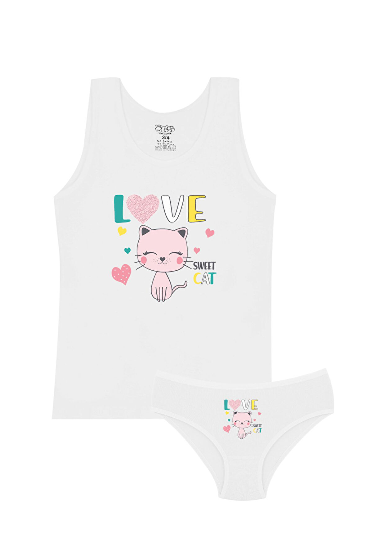 Öts Kız Çocuk Atlet Külot Likralı Beyaz Kedi (%96 Pamuk - %4 Elastan)