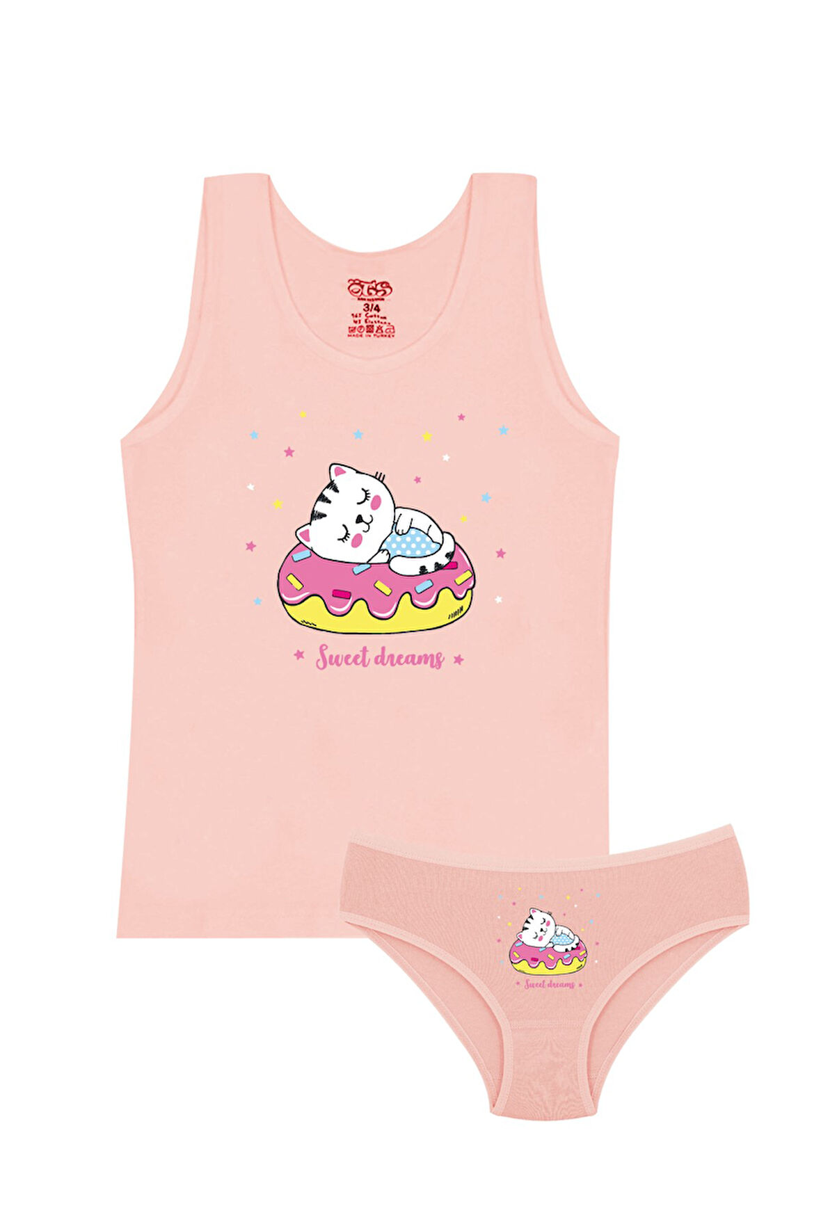 Öts Kız Çocuk Atlet Külot Likralı Somon Kedi (%96 Pamuk - %4 Elastan)