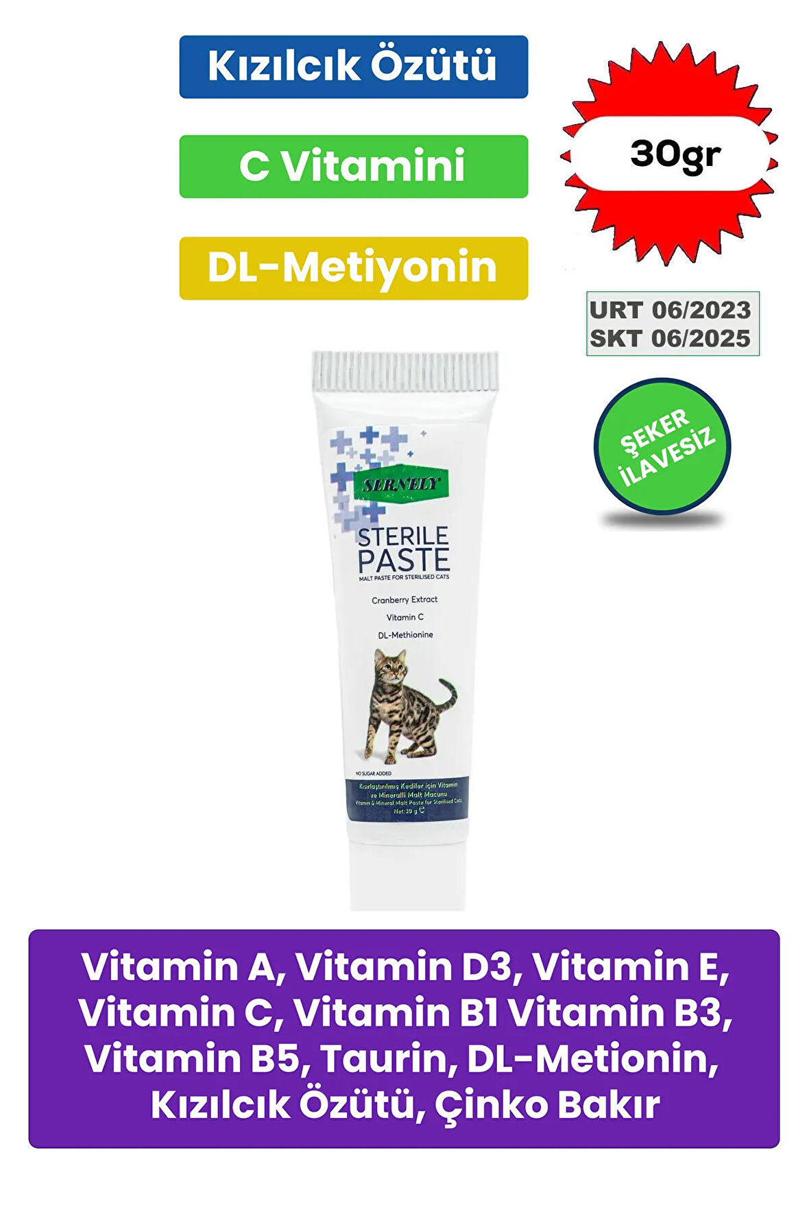 Sernely 30gr Sterile Paste Kısırlaştırılmış Kediler Için Vitamin Ve Mineralli Malt macunu