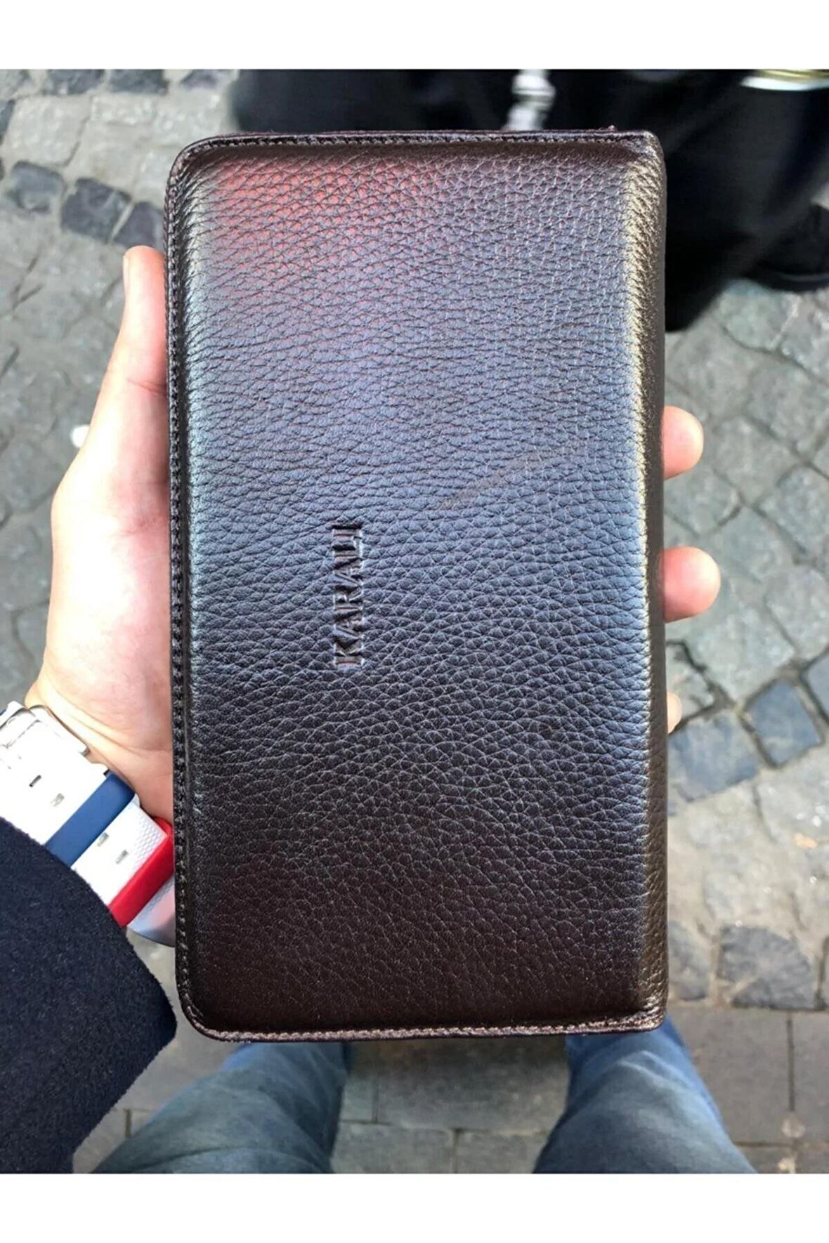 Unisex Siyah Hakiki Deri Telefon Bölmeli Cüzdan