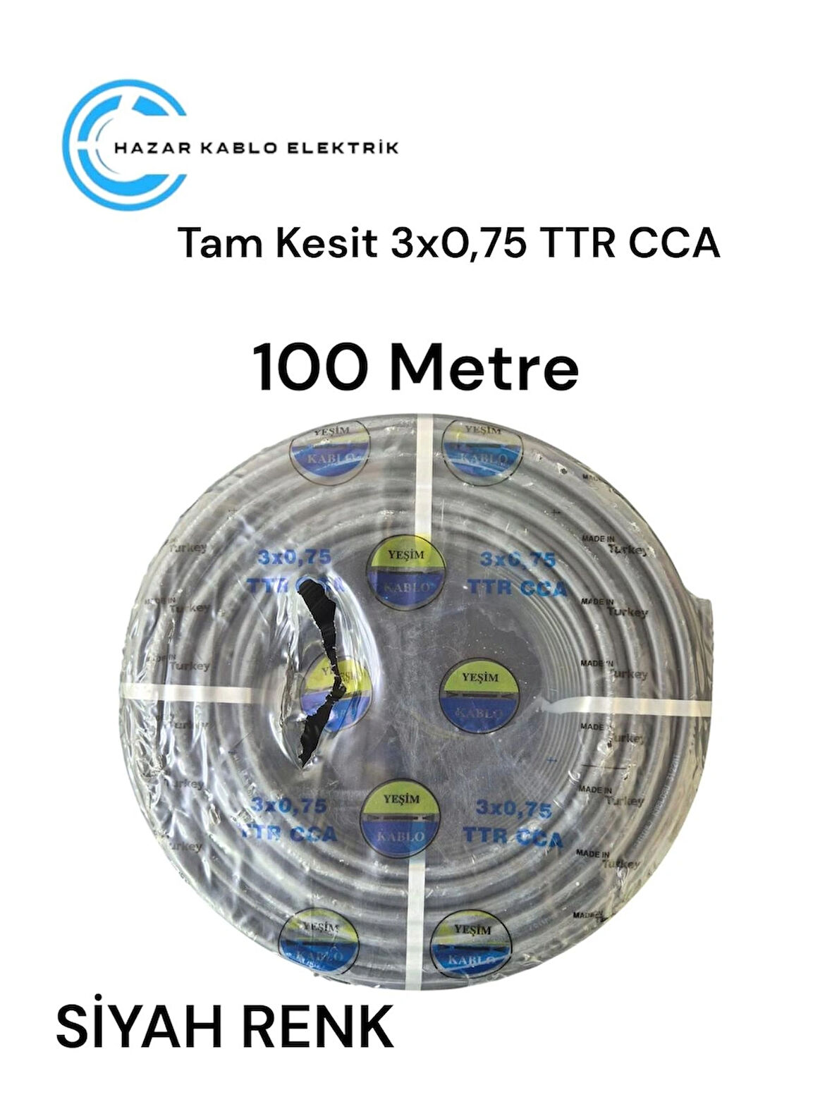 Yeşim Kablo Tam Kesit 3 x 0.75 TTR CCA Kablo Siyah Renk 100 Metre