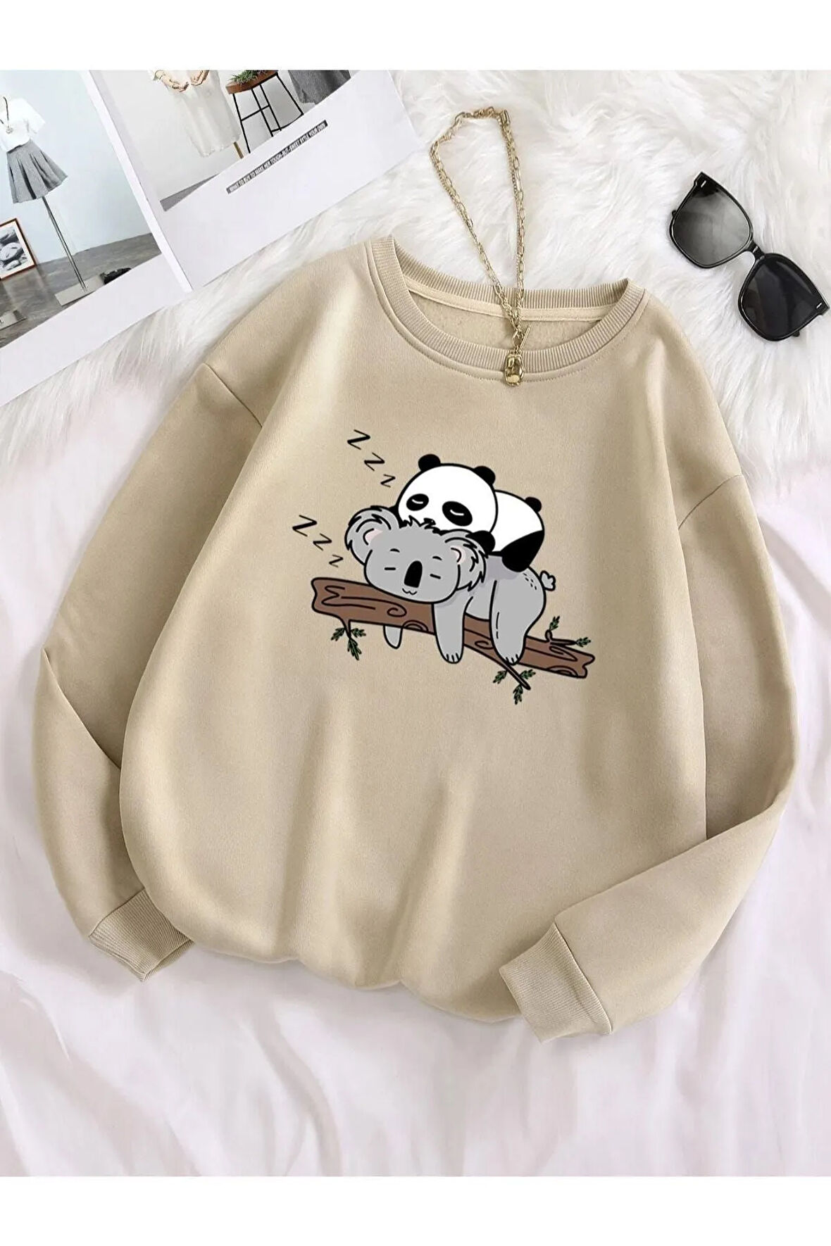 Unisex Bej Panda Baskılı Oversize Bisiklet Yaka Sweatshirt
