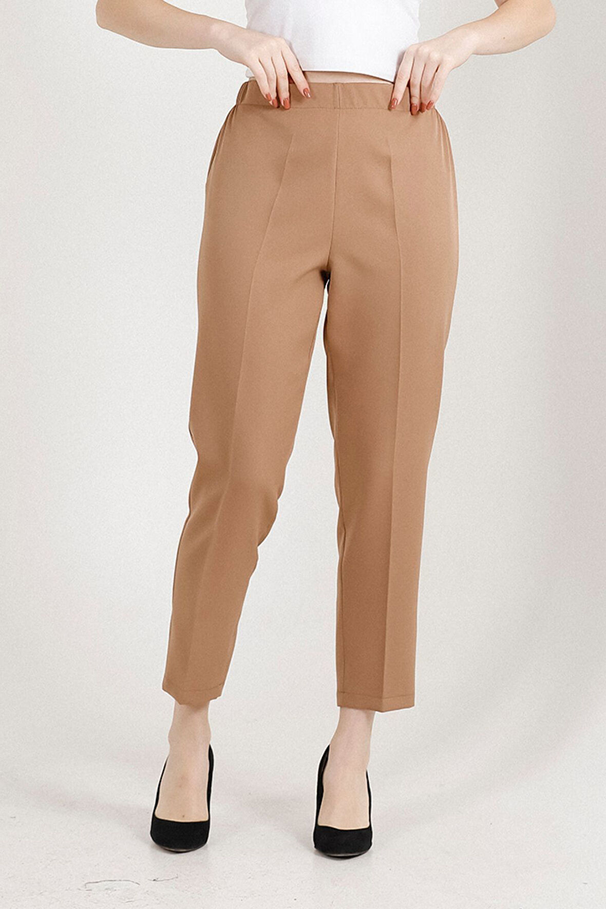 Balenbi 1004 Camel Battal Beden Havuç Paça Yüksek Bel Likralı Kadın Pantolon