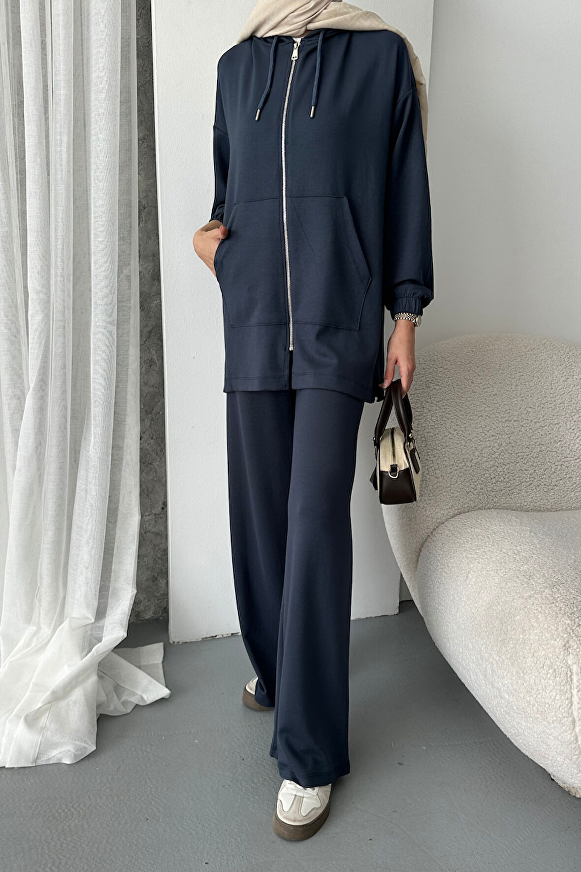 Balenbi Kadın Modal Penye Oversize Kapüşonlu Tesettür Tunik Takım 1108