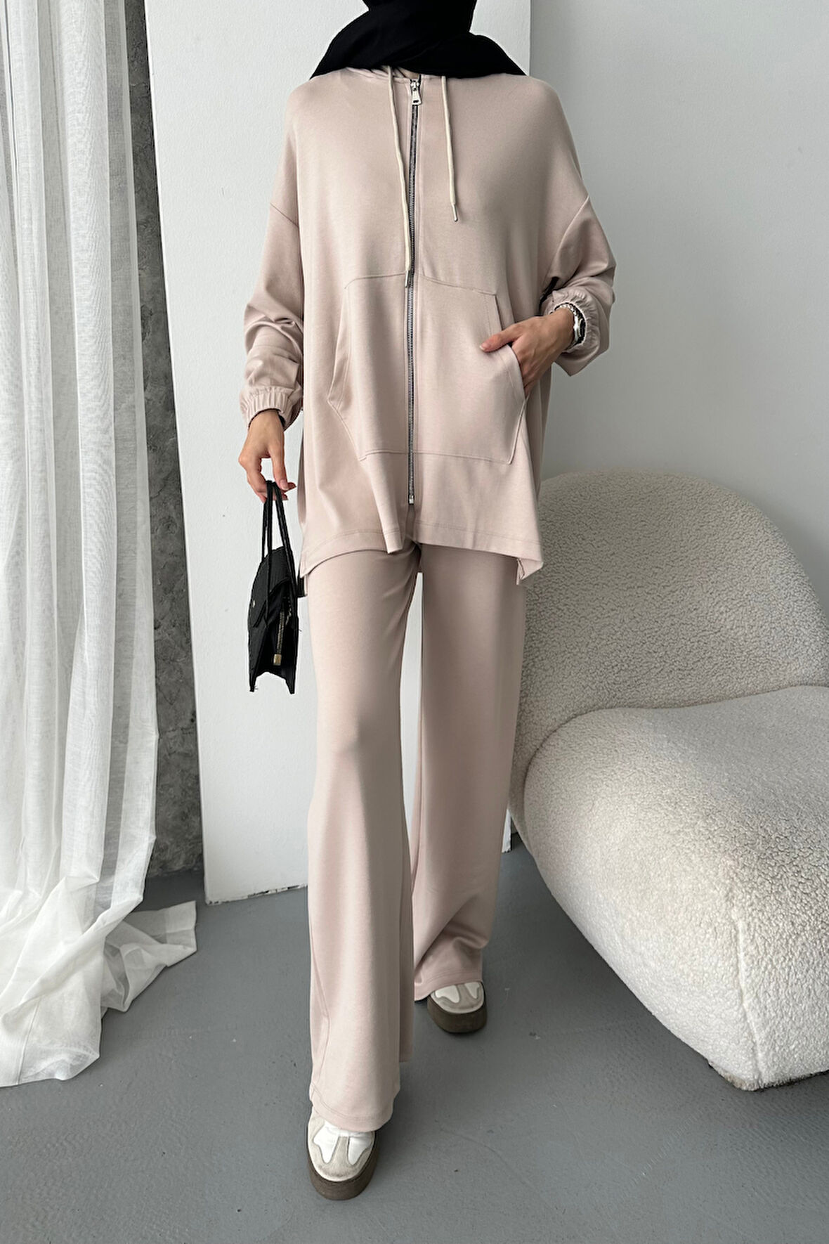 Balenbi Kadın Modal Penye Oversize Kapüşonlu Tesettür Tunik Takım 1108