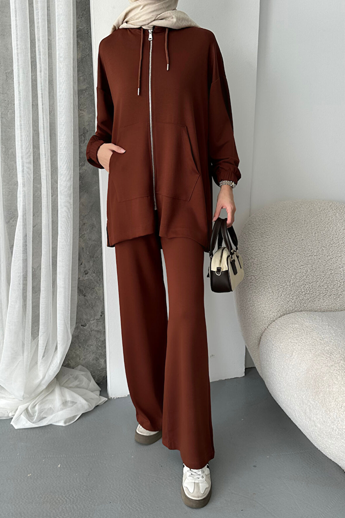 Balenbi Kadın Modal Penye Oversize Kapüşonlu Tesettür Tunik Takım 1108