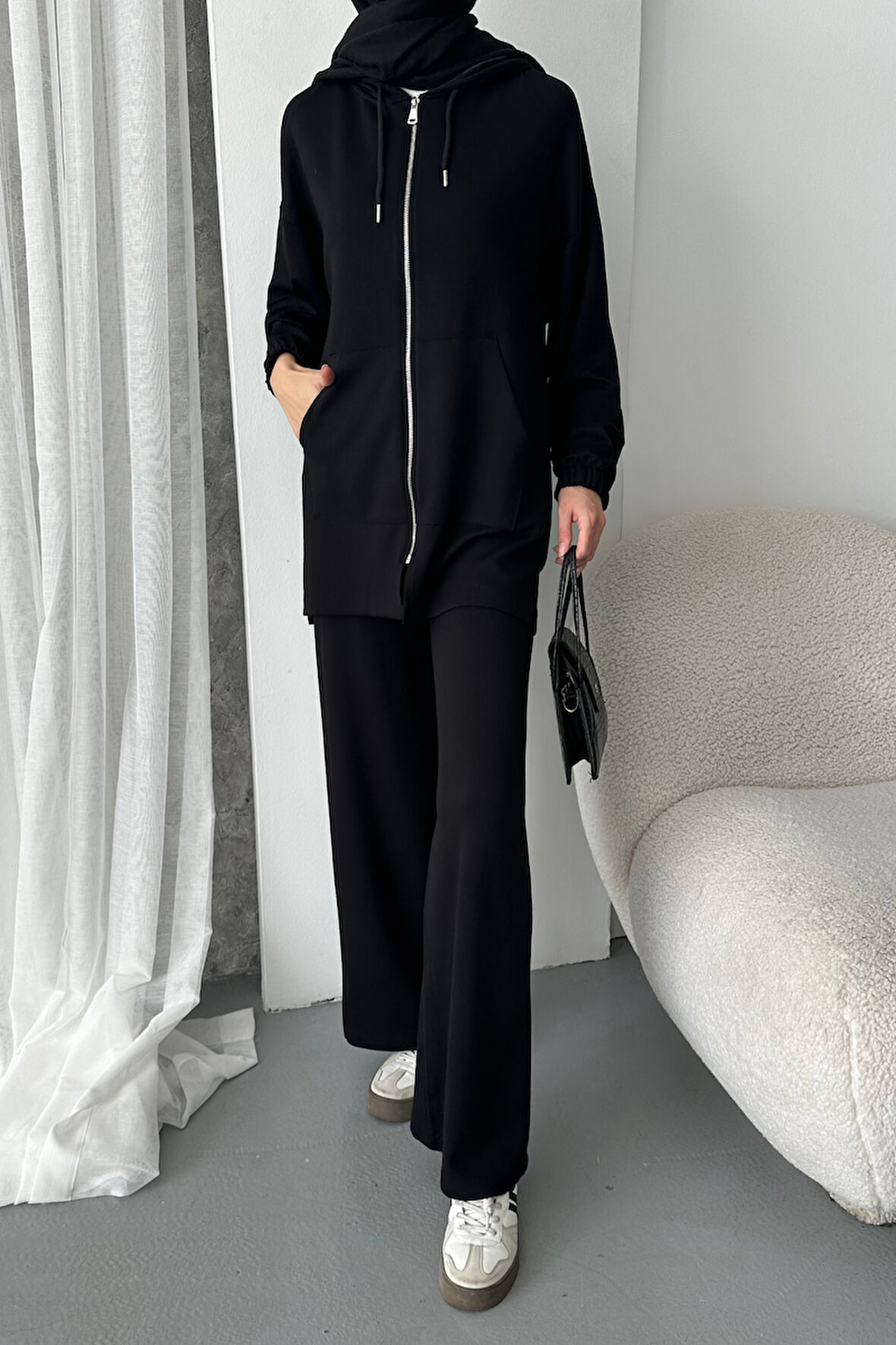 Balenbi Kadın Modal Penye Oversize Kapüşonlu Tesettür Tunik Takım 1108